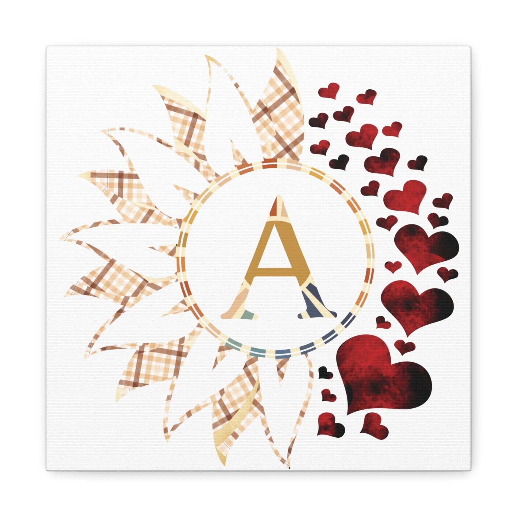 Flower & Hearts Personalized Monogram Canvas, Plaid Vintage & Red Hearts - Janlyn's Crafts