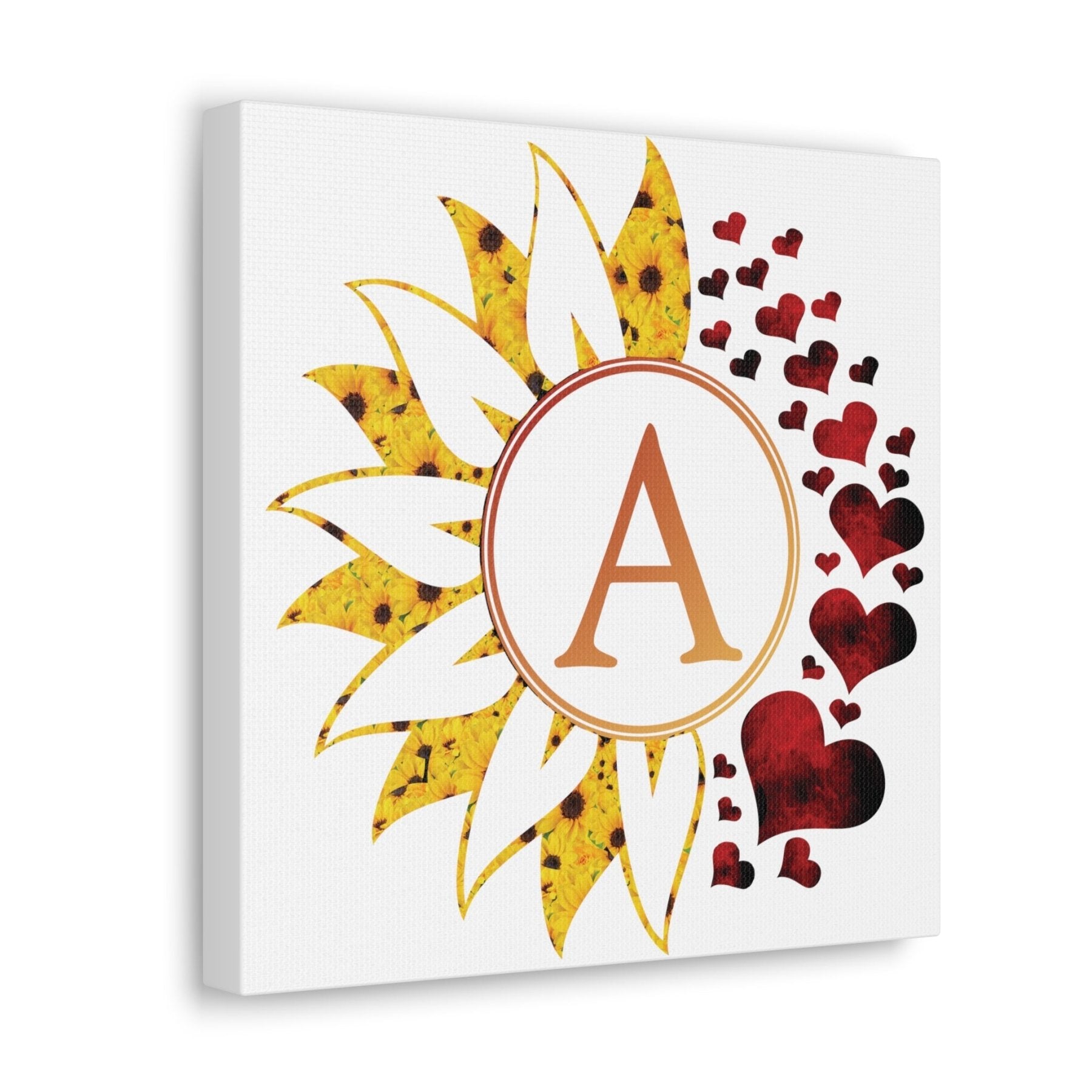 Flower & Hearts Personalized Monogram Canvas, Sunflower & Red Hearts - Janlyn's Crafts