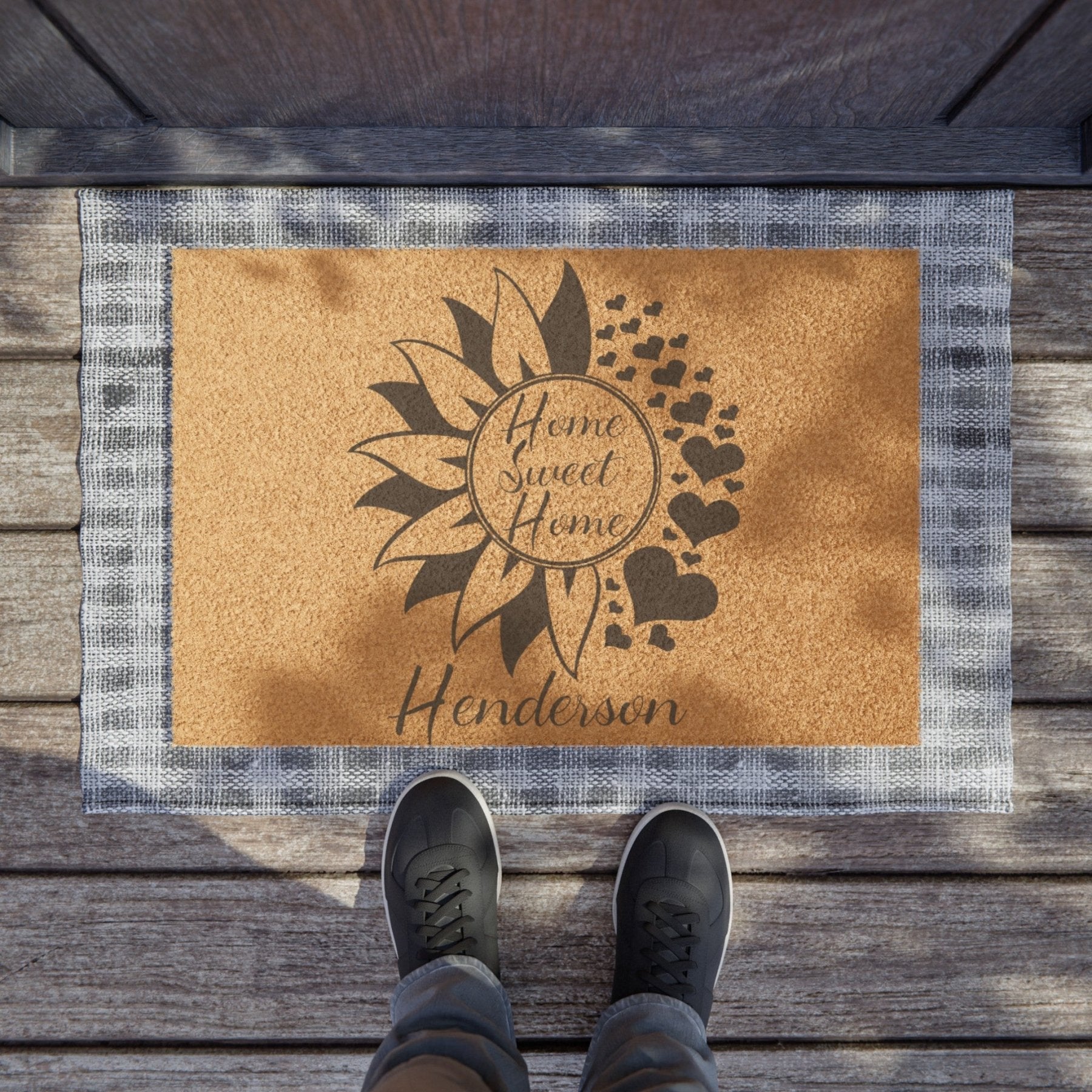 Flower & Hearts Personalized Monogram Coir 24 x 16" Doormat, Home Sweet Home Name - Janlyn's Crafts