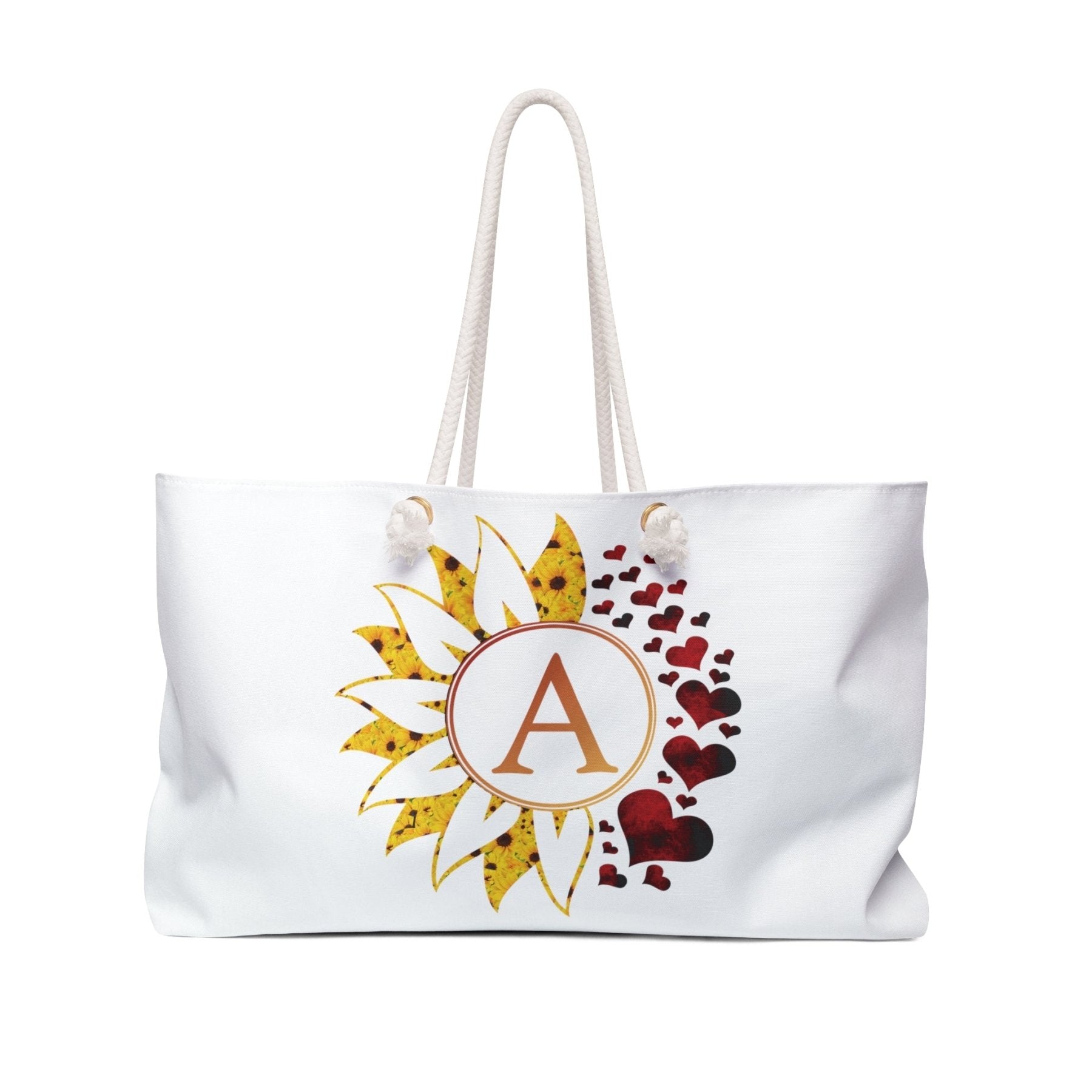 Flower & Hearts Personalized Monogram Weekender Bag, Sunflower & Red Hearts - Janlyn's Crafts