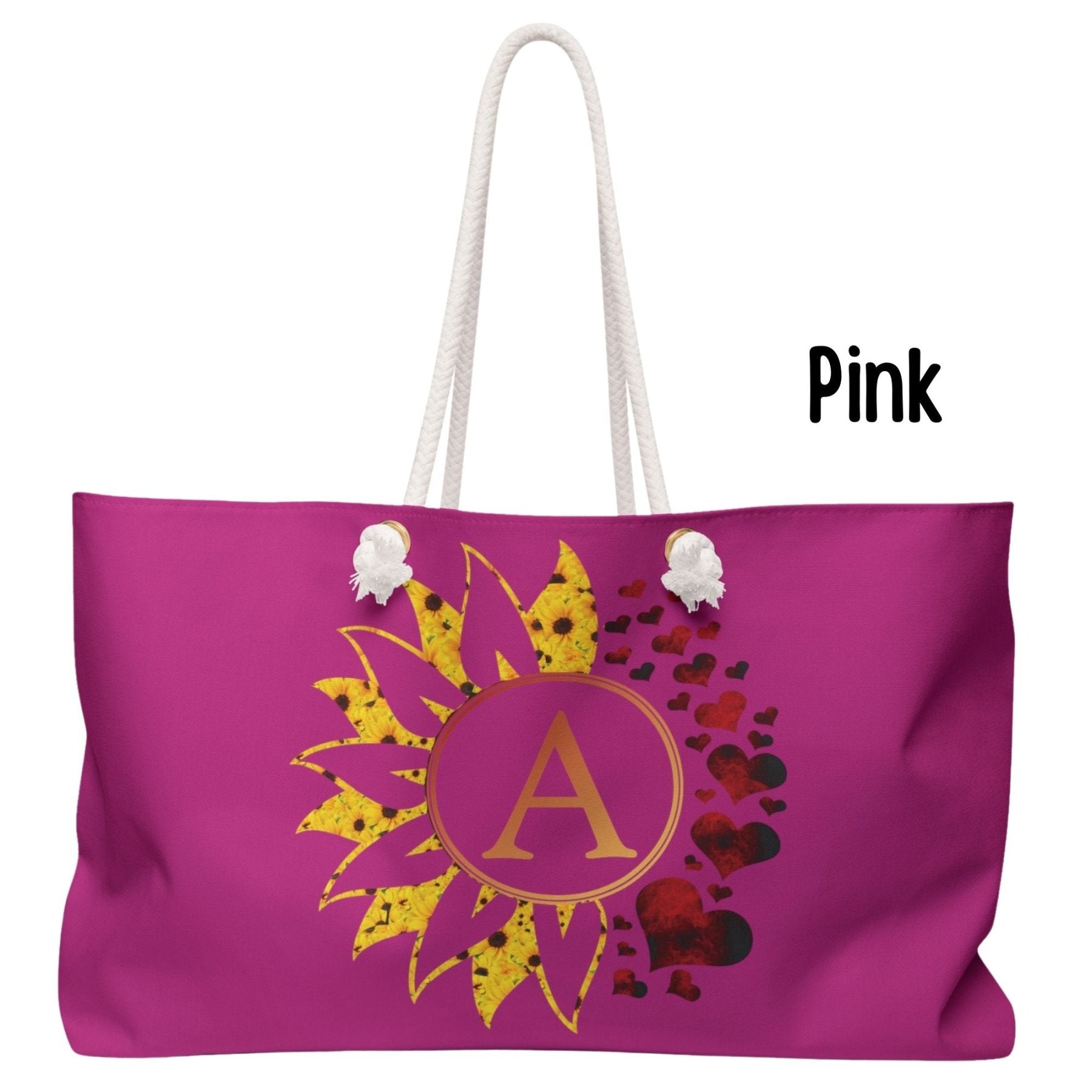 Flower & Hearts Personalized Monogram Weekender Bag, Sunflower & Red Hearts - Janlyn's Crafts