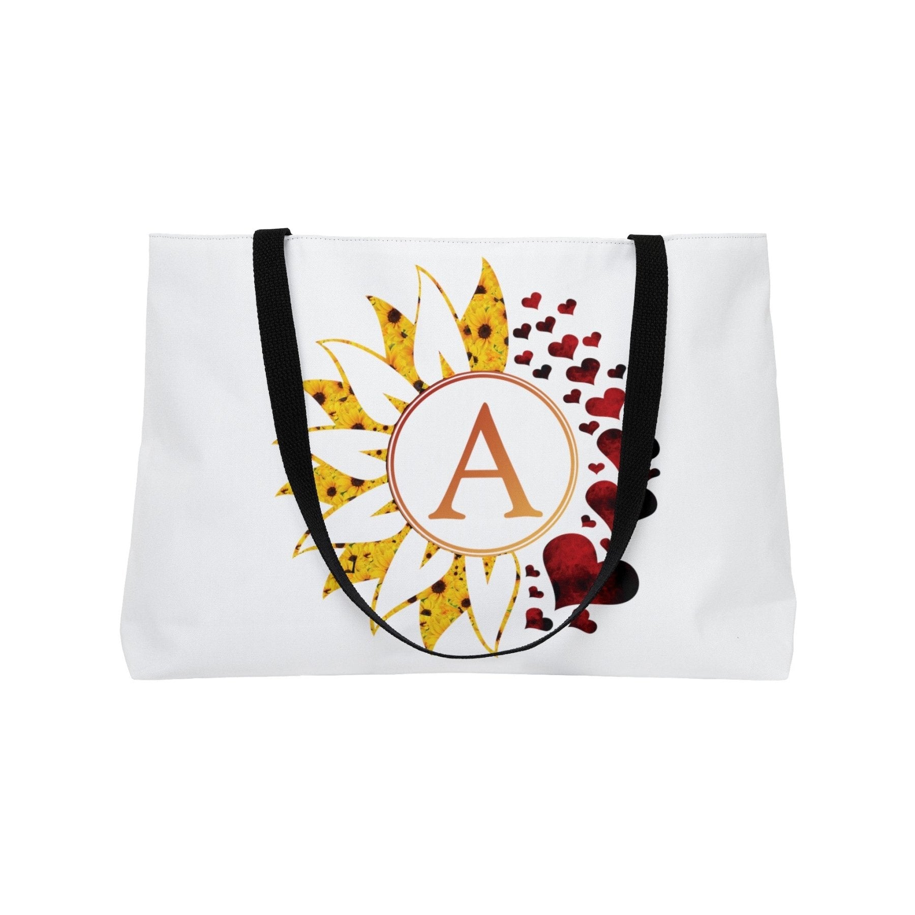 Flower & Hearts Personalized Monogram Weekender Tote Bag, Sunflower & Red Hearts - Janlyn's Crafts