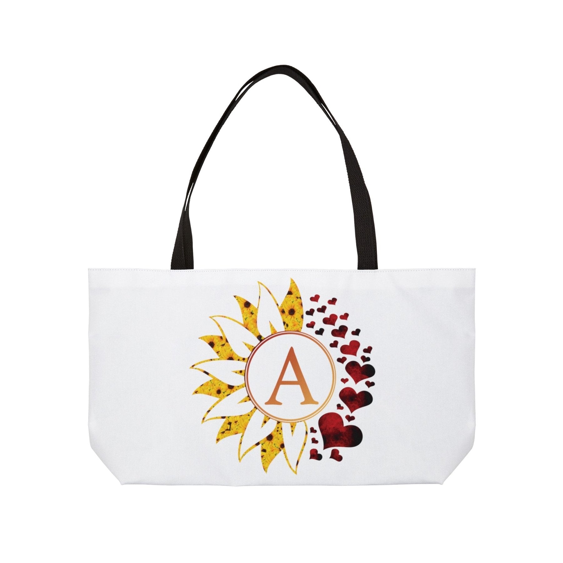 Flower & Hearts Personalized Monogram Weekender Tote Bag, Sunflower & Red Hearts - Janlyn's Crafts