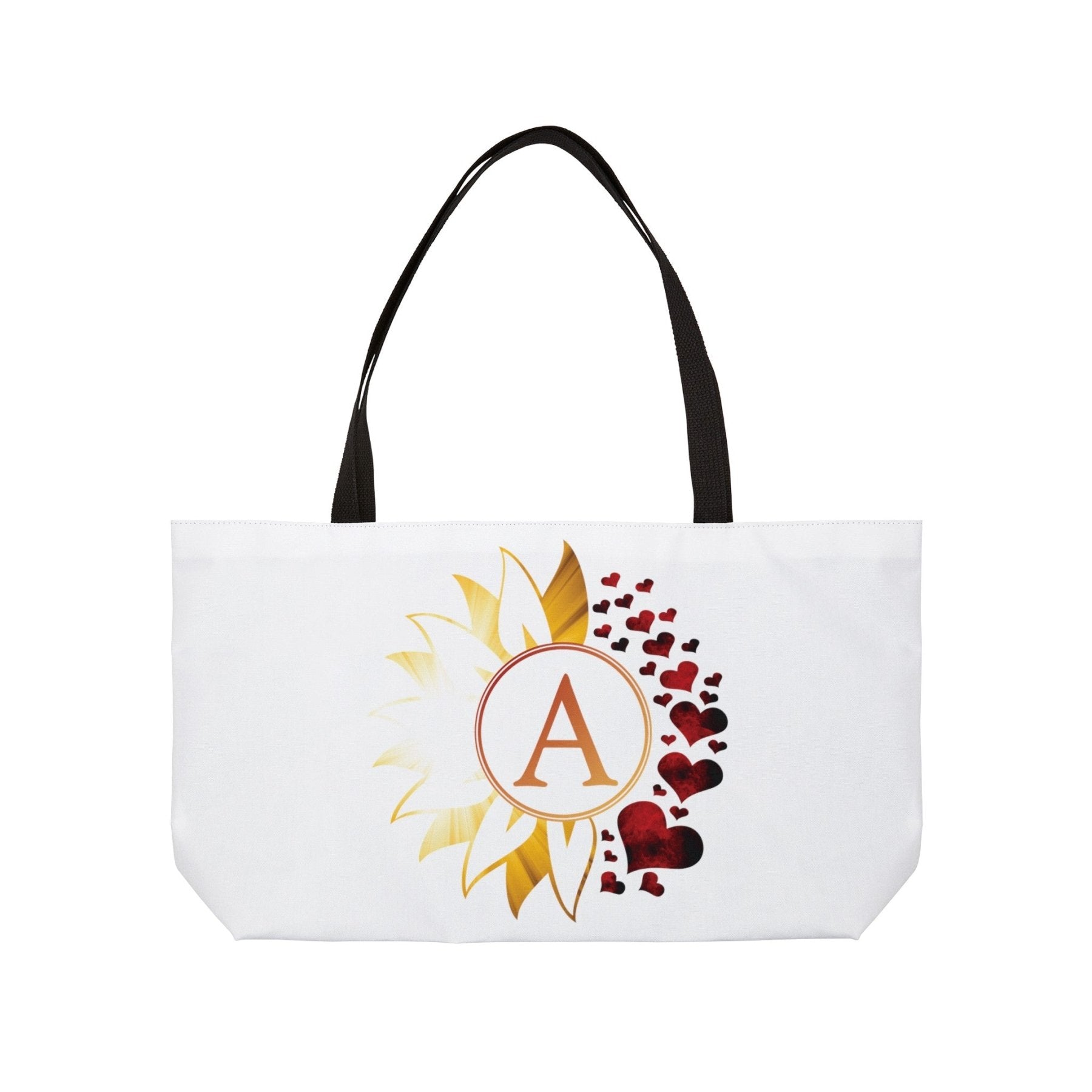 Flower & Hearts Personalized Monogram Weekender Tote Bag, Sunray & Red Hearts - Janlyn's Crafts