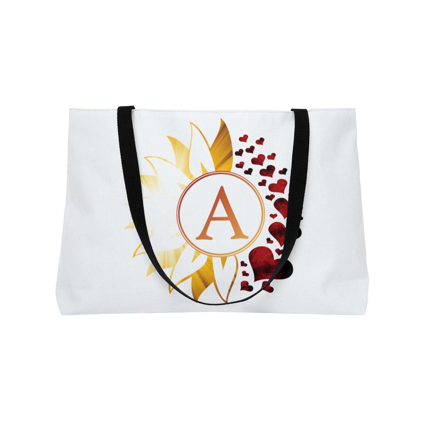 Flower & Hearts Personalized Monogram Weekender Tote Bag, Sunray & Red Hearts - Janlyn's Crafts