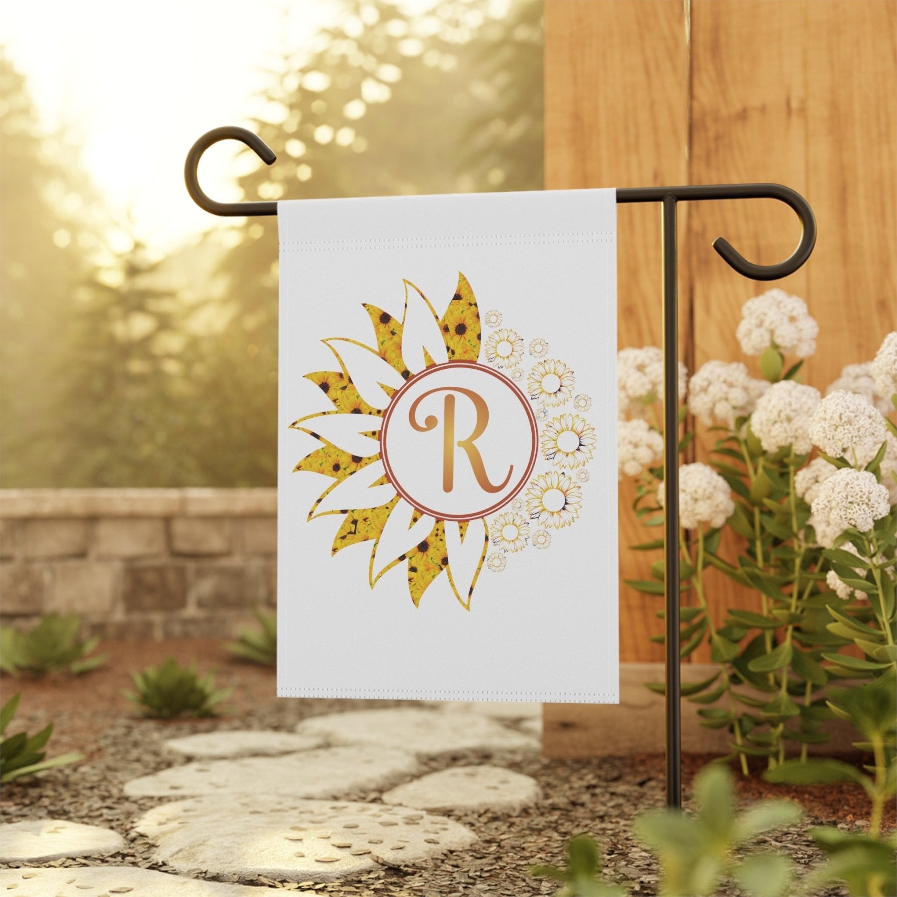 Flowers Garden, Lawn, House, Sunflowers Monogram Flag - Janlyn's Crafts