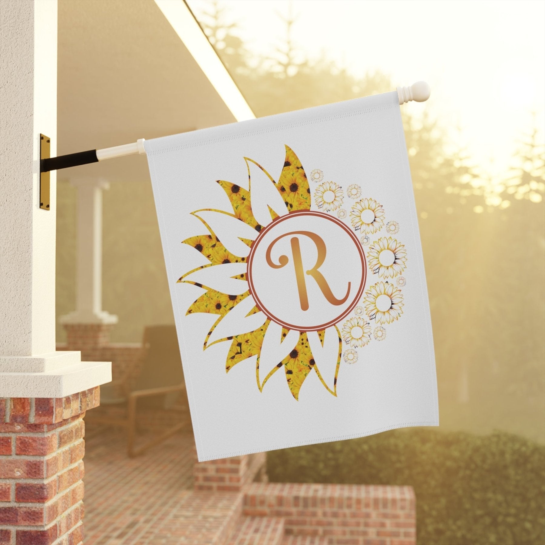 Flowers Garden, Lawn, House, Sunflowers Monogram Flag - Janlyn's Crafts