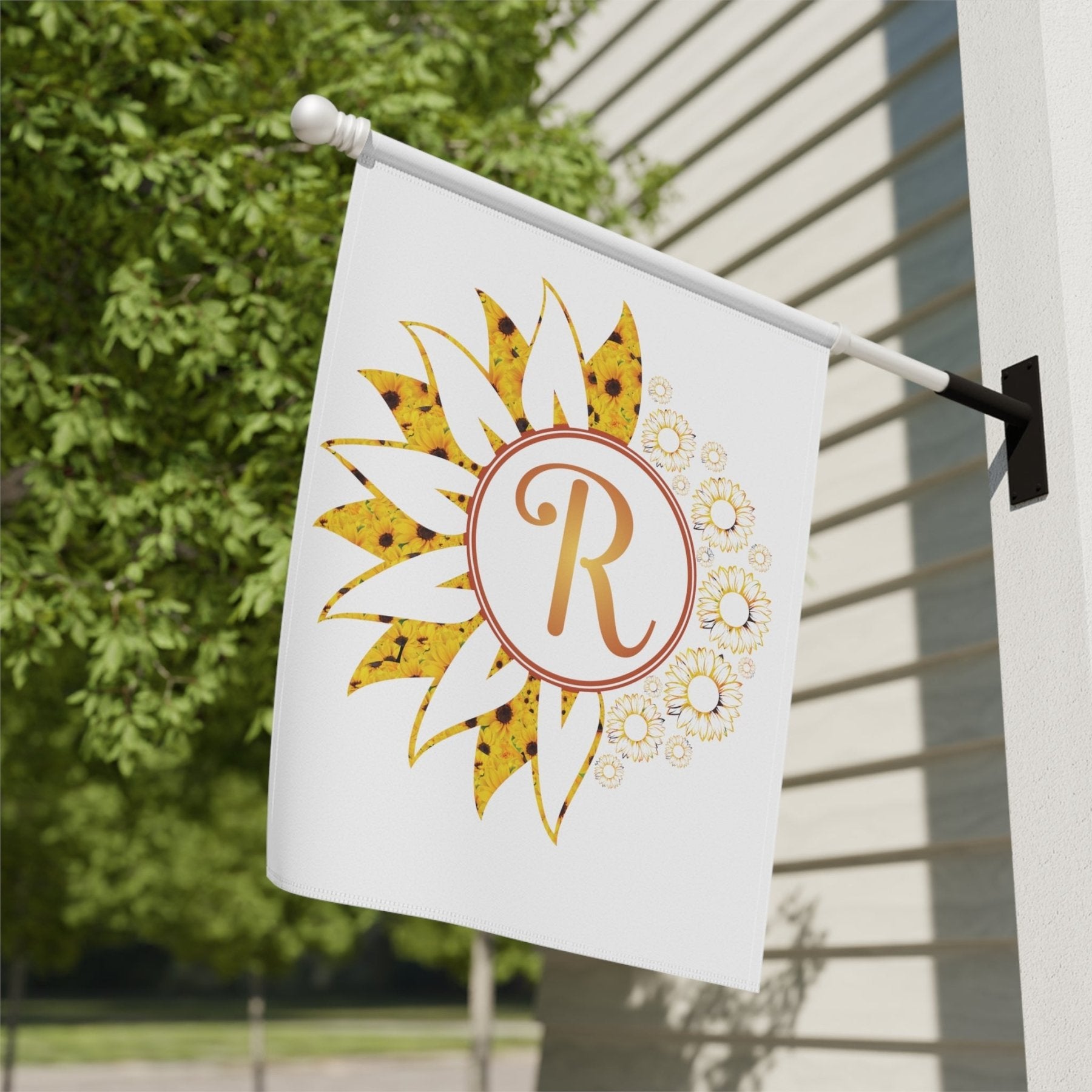 Flowers Garden, Lawn, House, Sunflowers Monogram Flag - Janlyn's Crafts