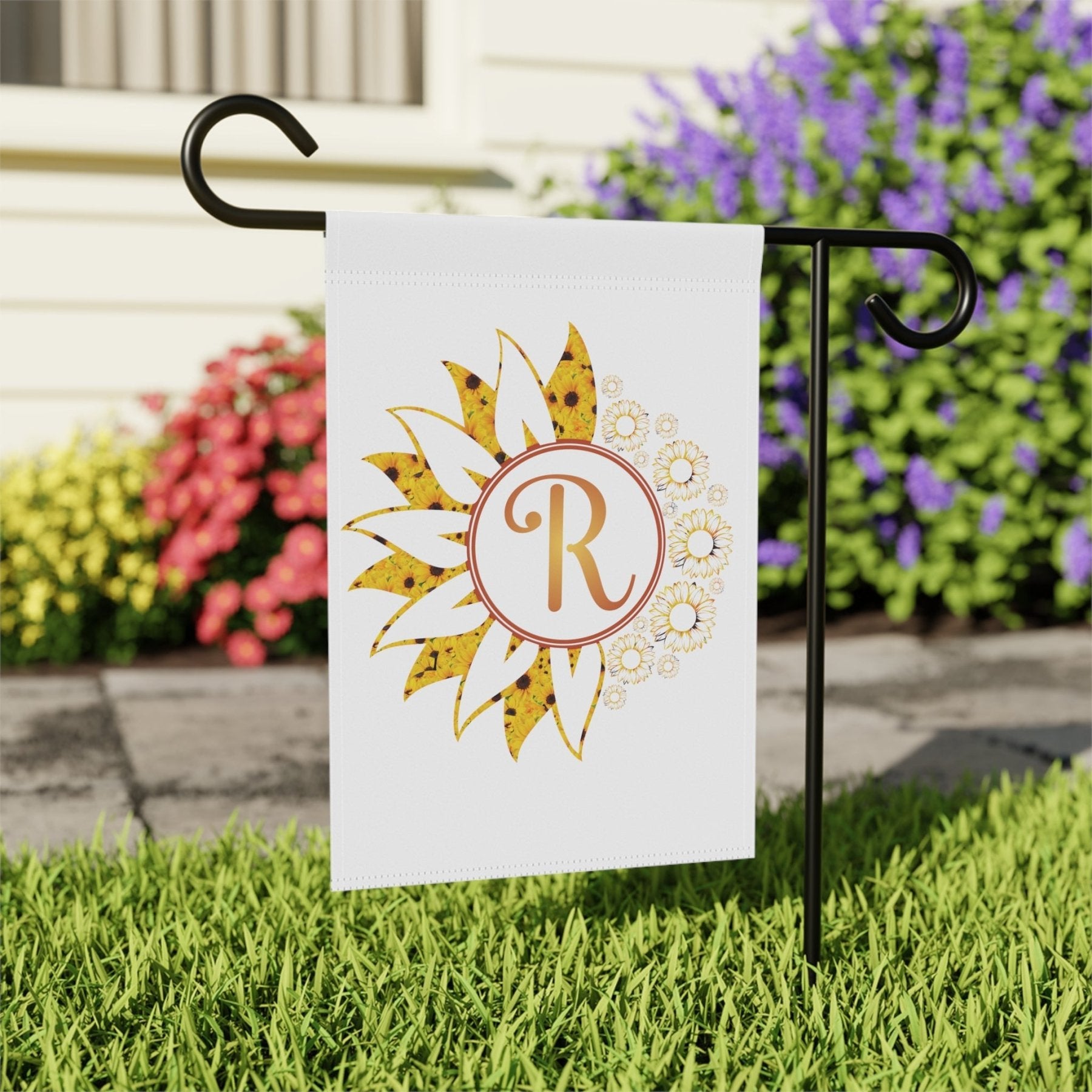 Flowers Garden, Lawn, House, Sunflowers Monogram Flag - Janlyn's Crafts