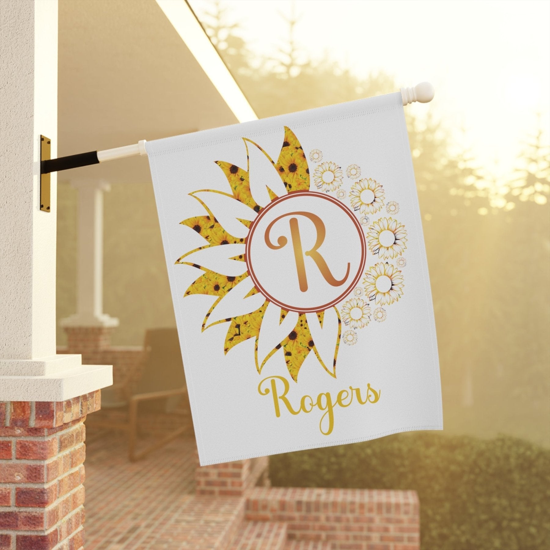 Flowers Garden, Lawn, House, Sunflowers Monogram Name Flag - Janlyn's Crafts