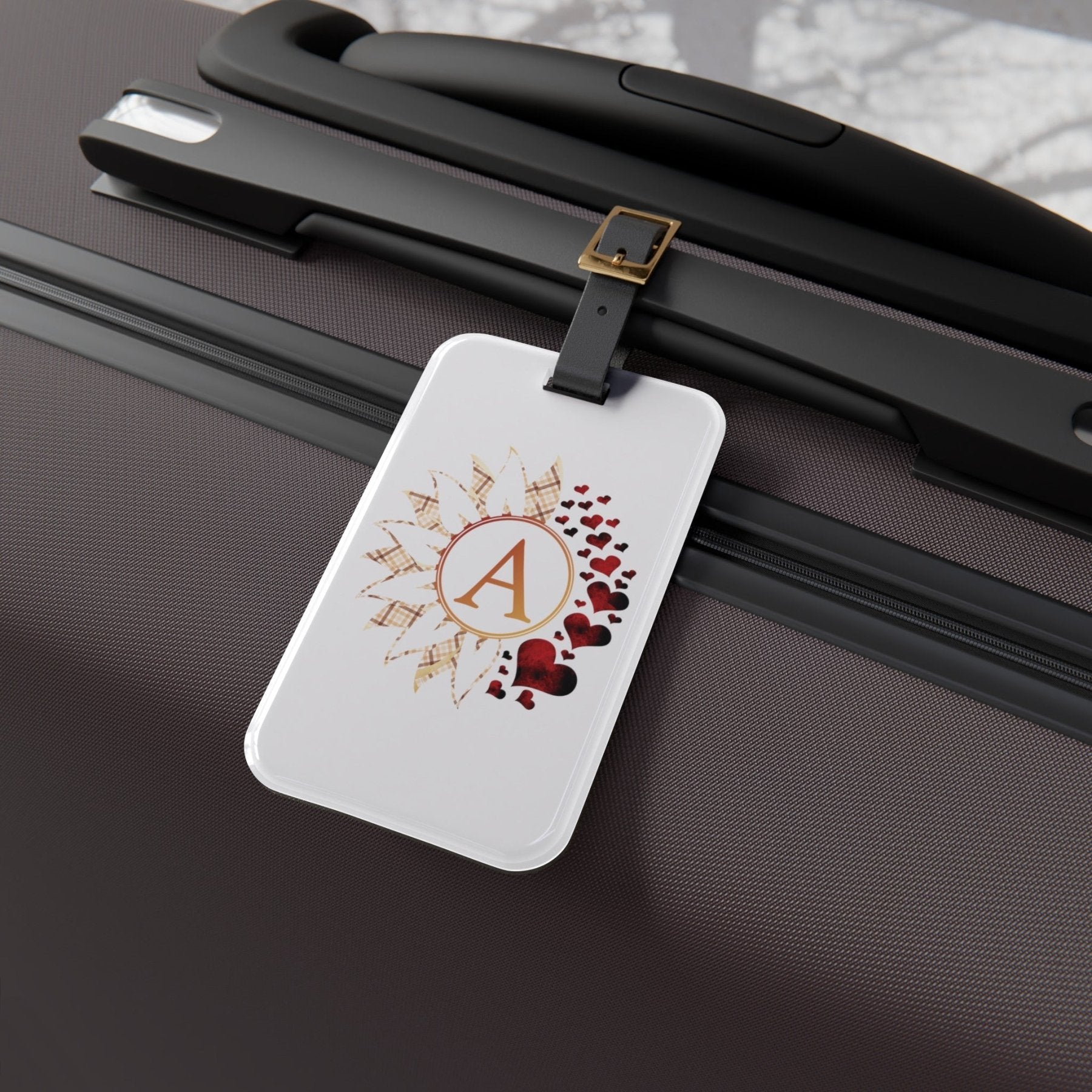 Flowers & Hearts Personalized Monogram Luggage Tag, Plaid & Red Hearts - Janlyn's Crafts