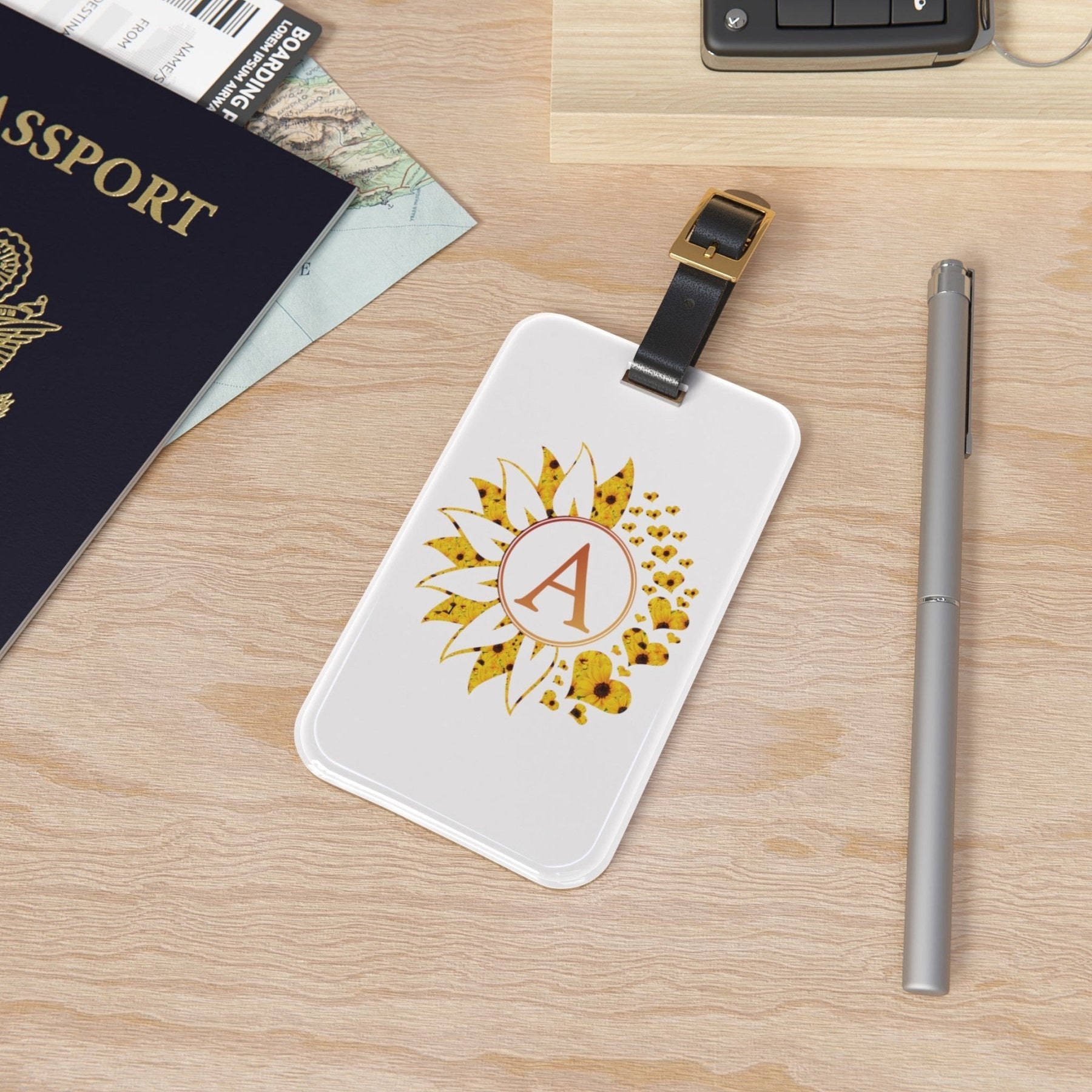 Flowers & Hearts Personalized Monogram Luggage Tag, Sunflower All & Hearts - Janlyn's Crafts