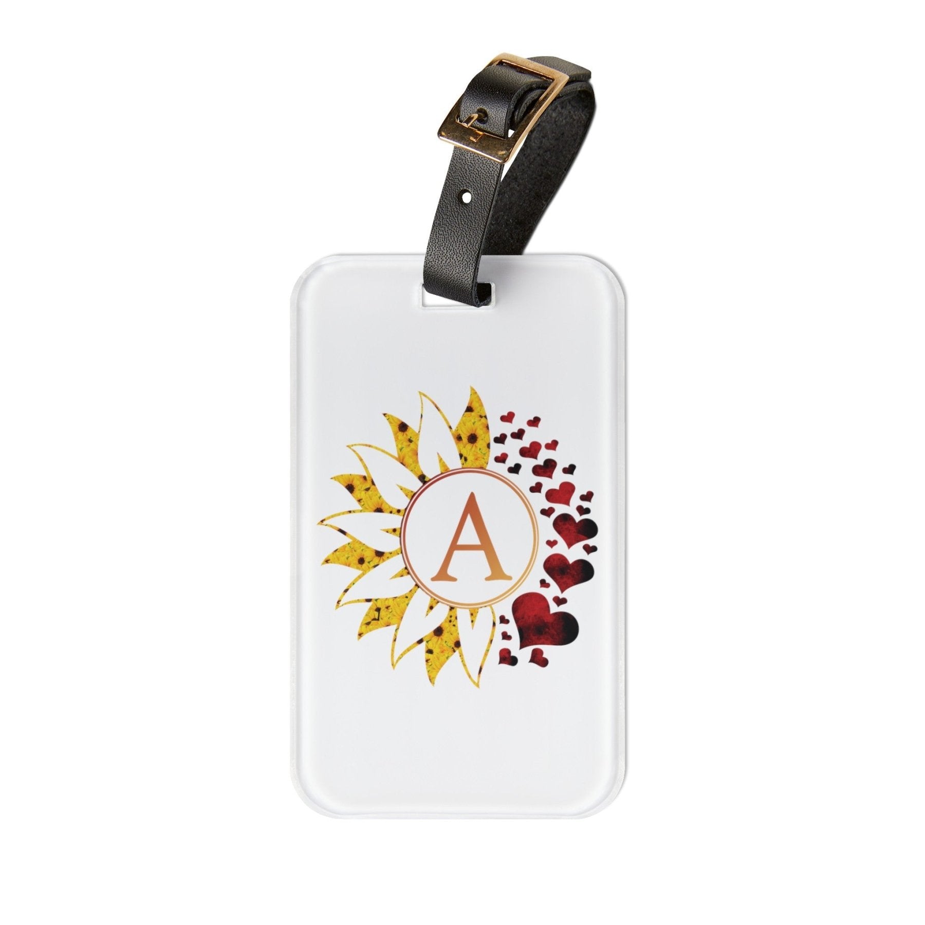 Flowers & Hearts Personalized Monogram Luggage Tag, Sunflower & Red Hearts - Janlyn's Crafts