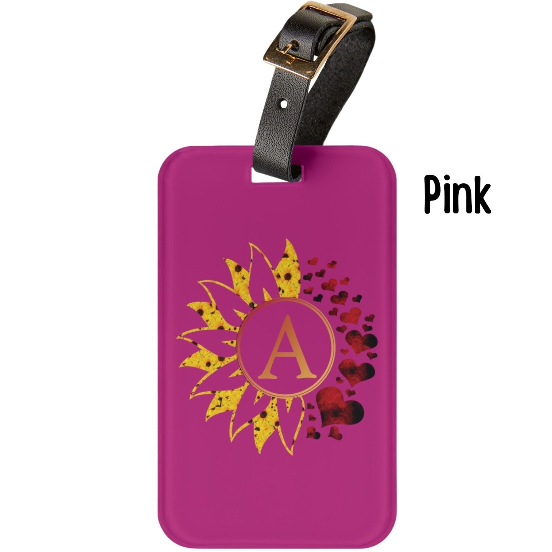 Flowers & Hearts Personalized Monogram Luggage Tag, Sunflower & Red Hearts - Janlyn's Crafts