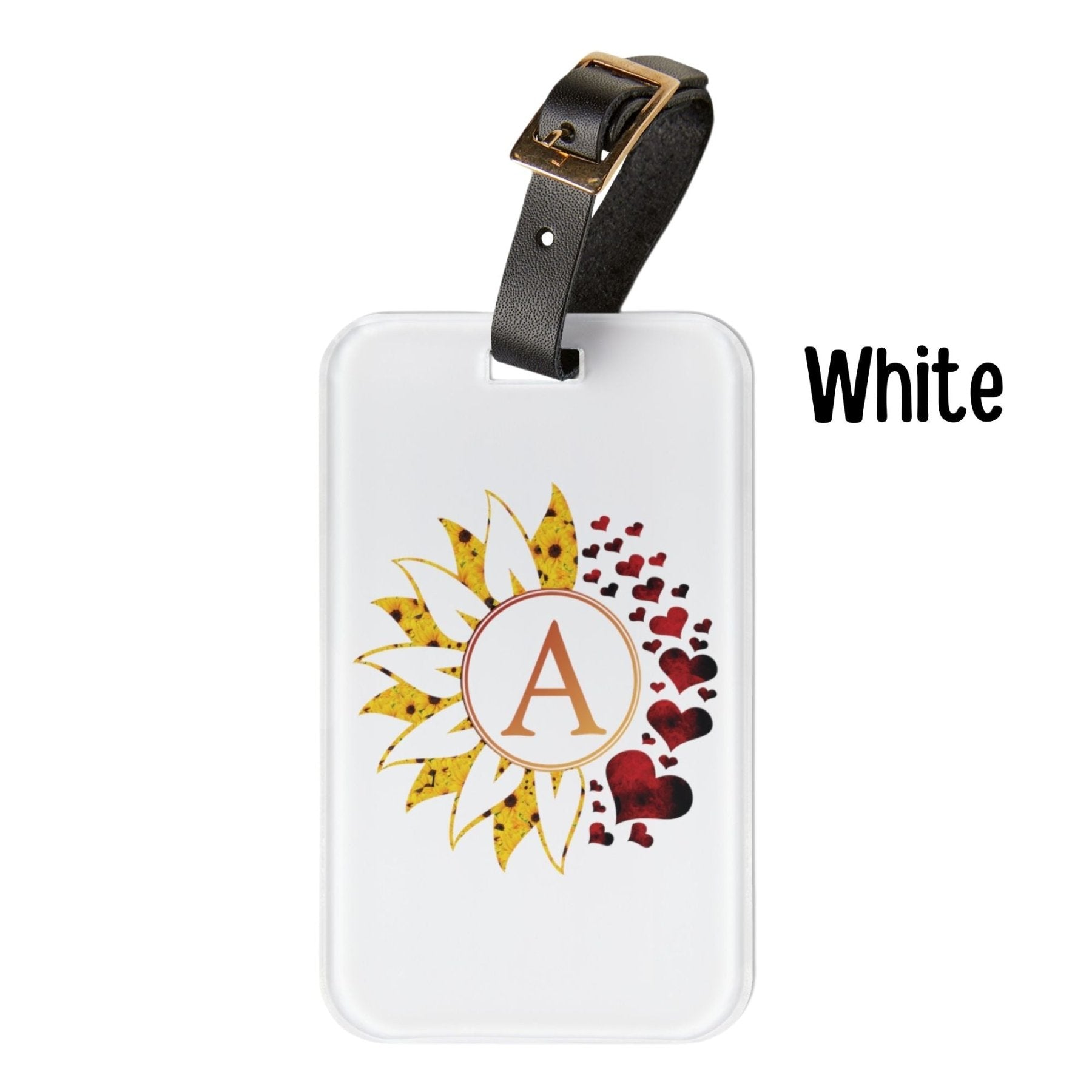 Flowers & Hearts Personalized Monogram Luggage Tag, Sunflower & Red Hearts - Janlyn's Crafts