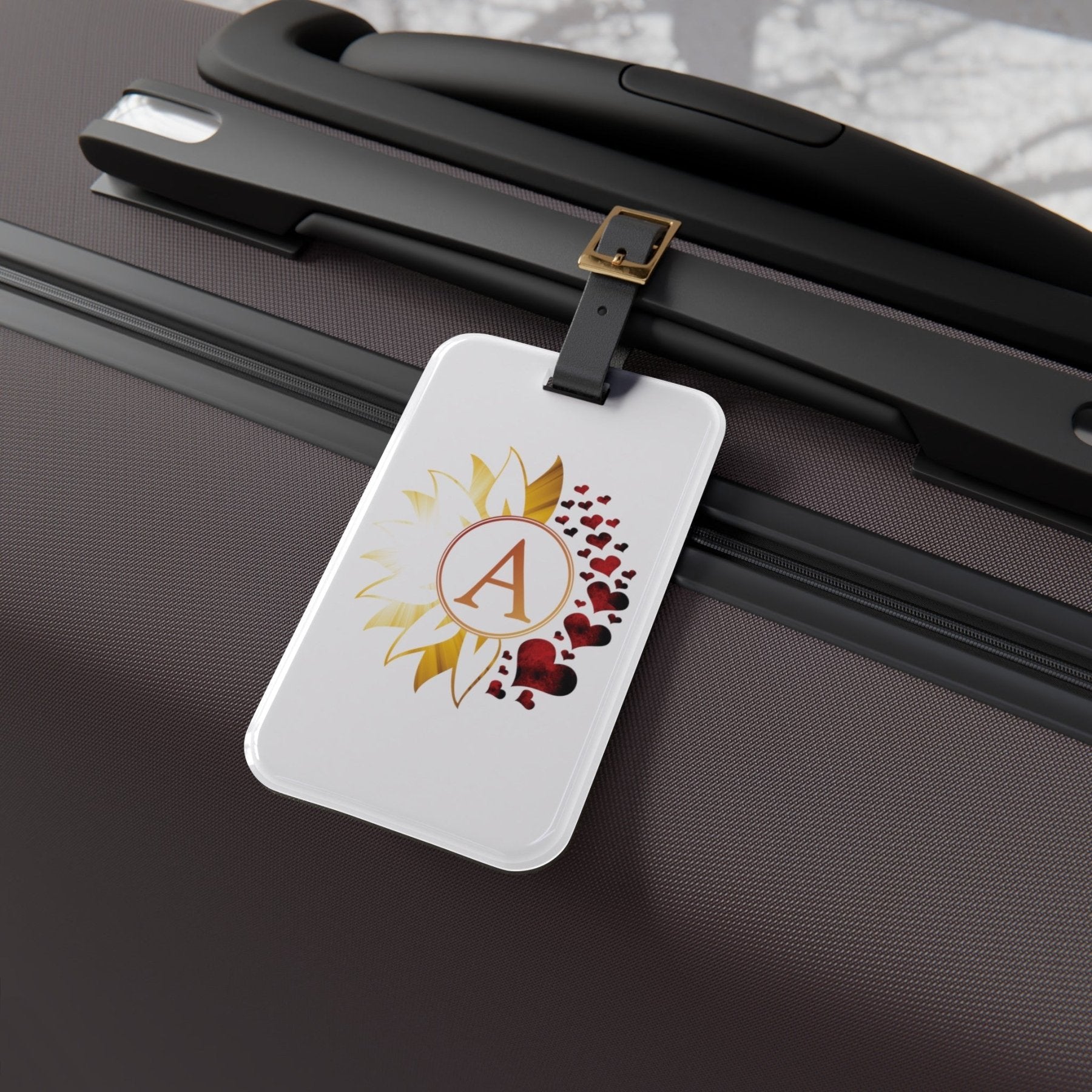 Flowers & Hearts Personalized Monogram Luggage Tag, Sunray & Red Hearts - Janlyn's Crafts