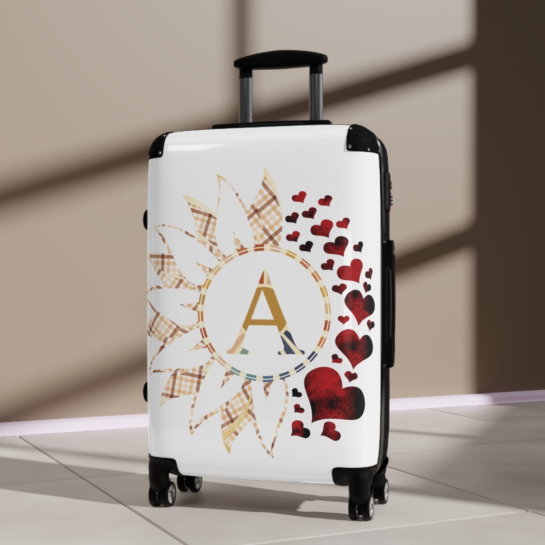 Flowers & Hearts Personalized Monogram Suitcase, Plaid Vintage & Red Hearts - Janlyn's Crafts