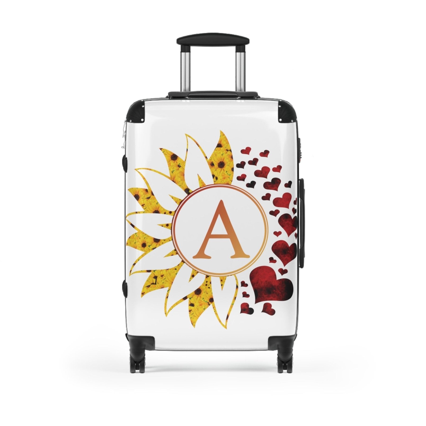 Flowers & Hearts Personalized Monogram Suitcase, Sunflower & Red Hearts - Janlyn's Crafts