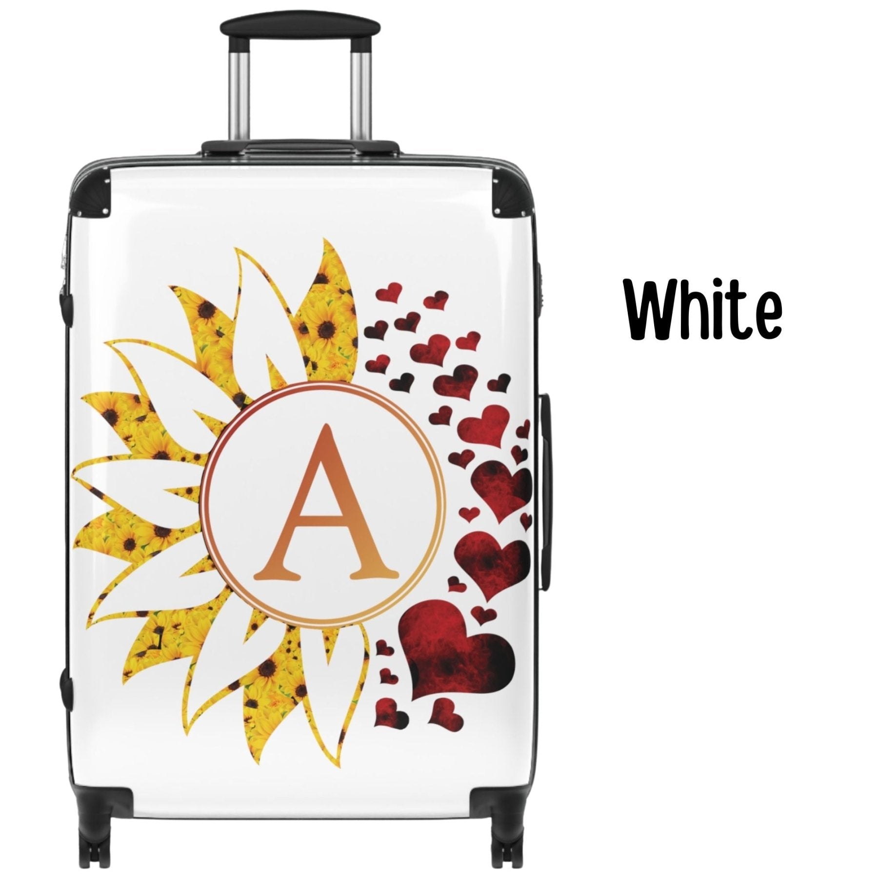 Flowers & Hearts Personalized Monogram Suitcase, Sunflower & Red Hearts - Janlyn's Crafts