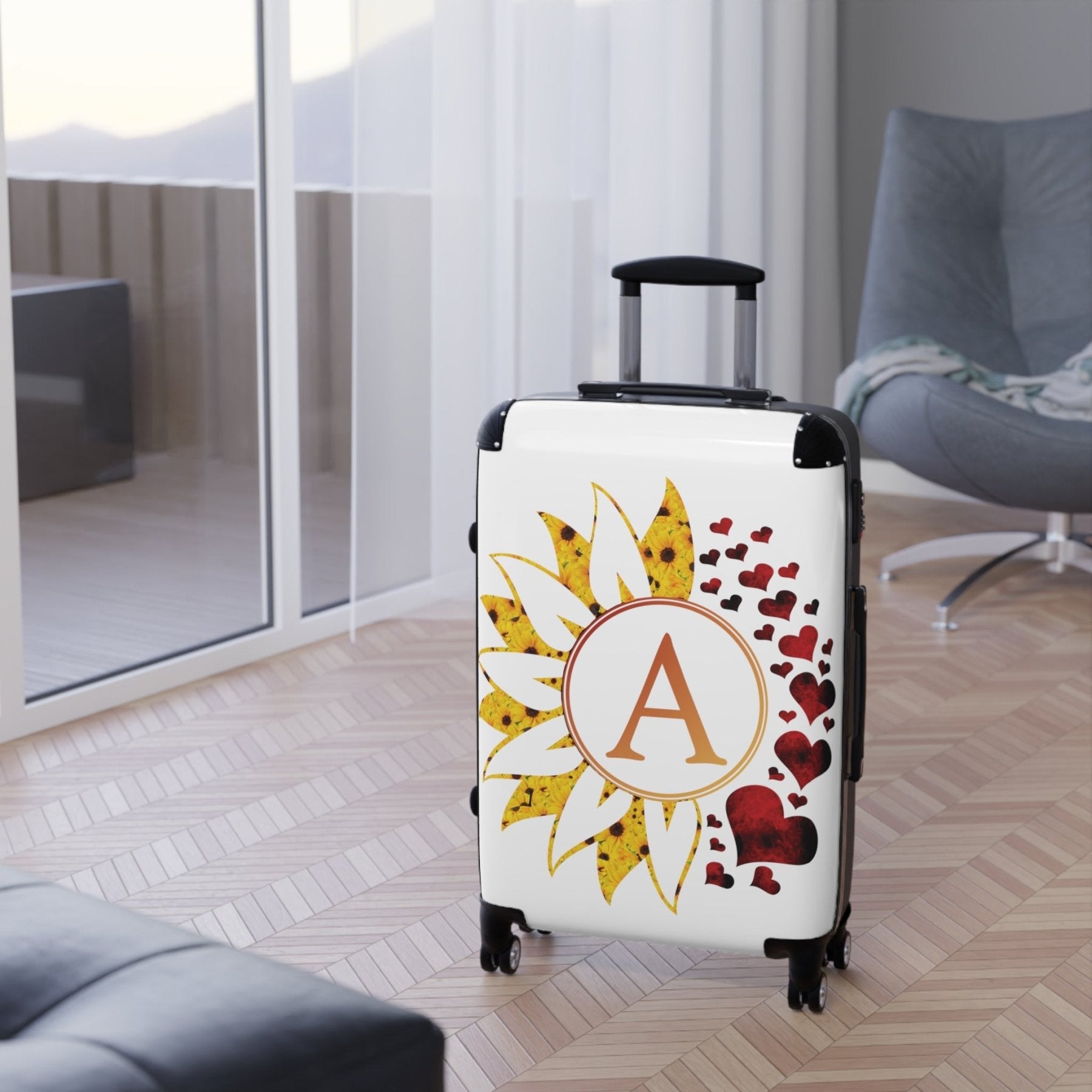 Flowers & Hearts Personalized Monogram Suitcase, Sunflower & Red Hearts - Janlyn's Crafts