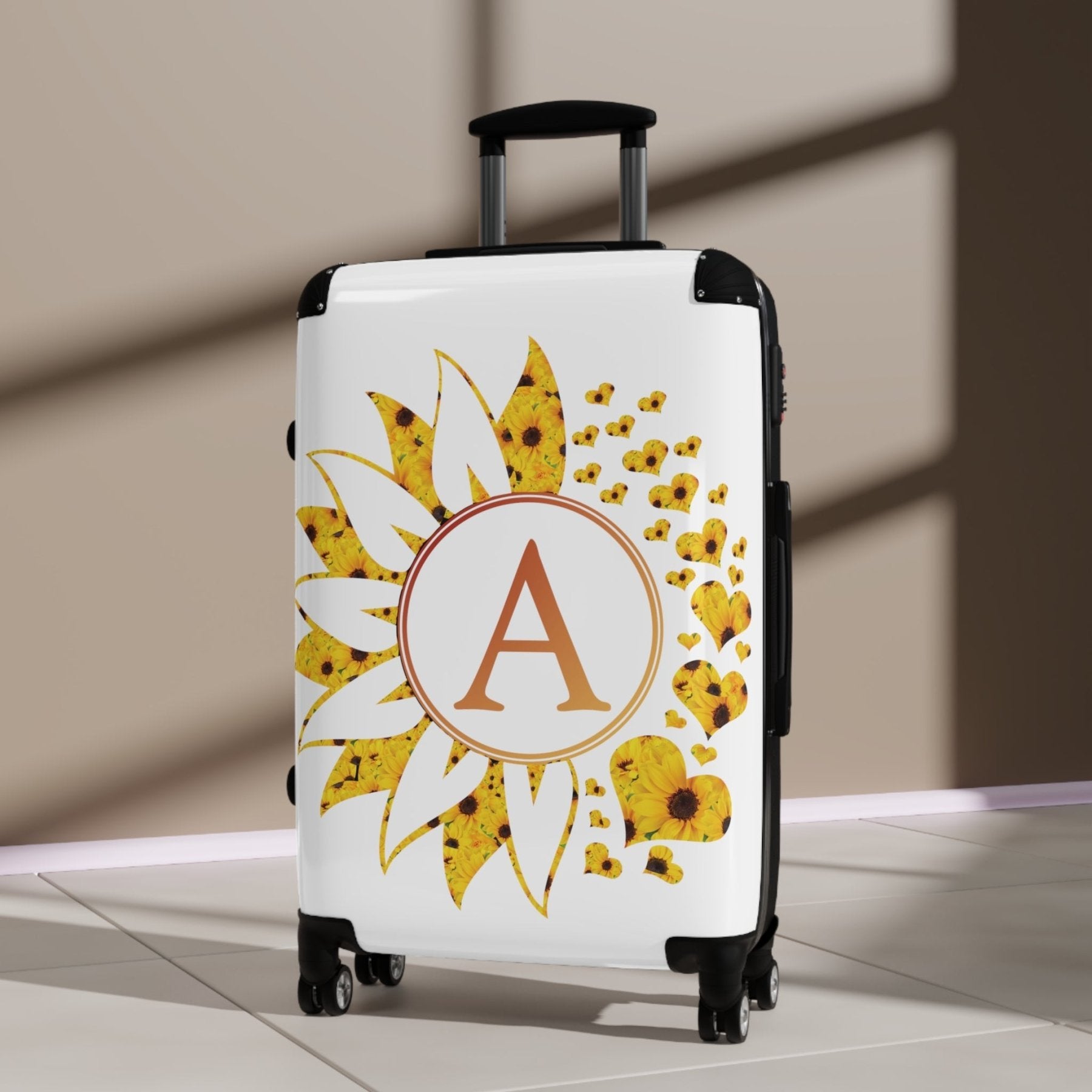 Flowers & Hearts Personalized Monogram Suitcase, Sunflowers All Hearts - Janlyn's Crafts