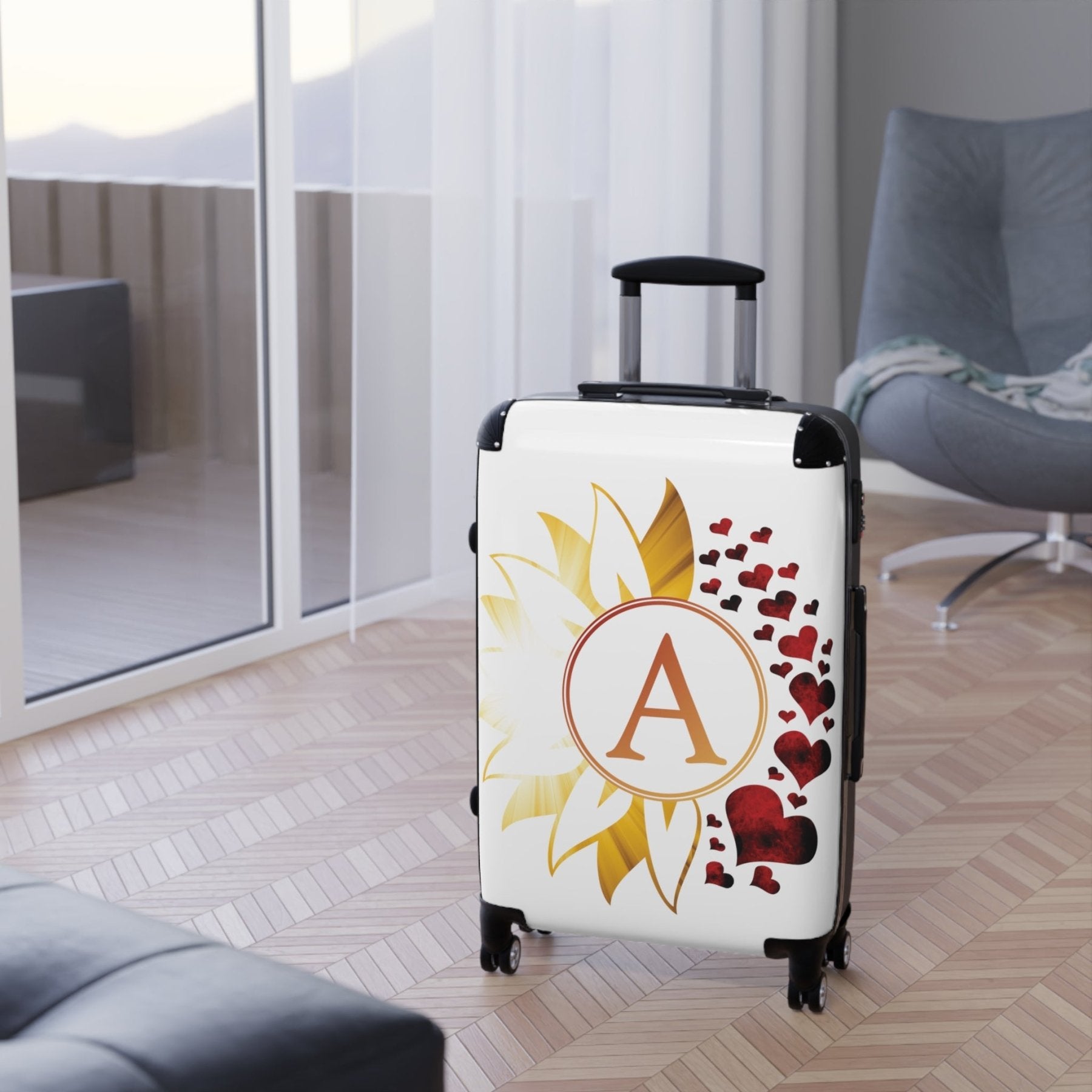 Flowers & Hearts Personalized Monogram Suitcase, Sunray & Red Hearts - Janlyn's Crafts