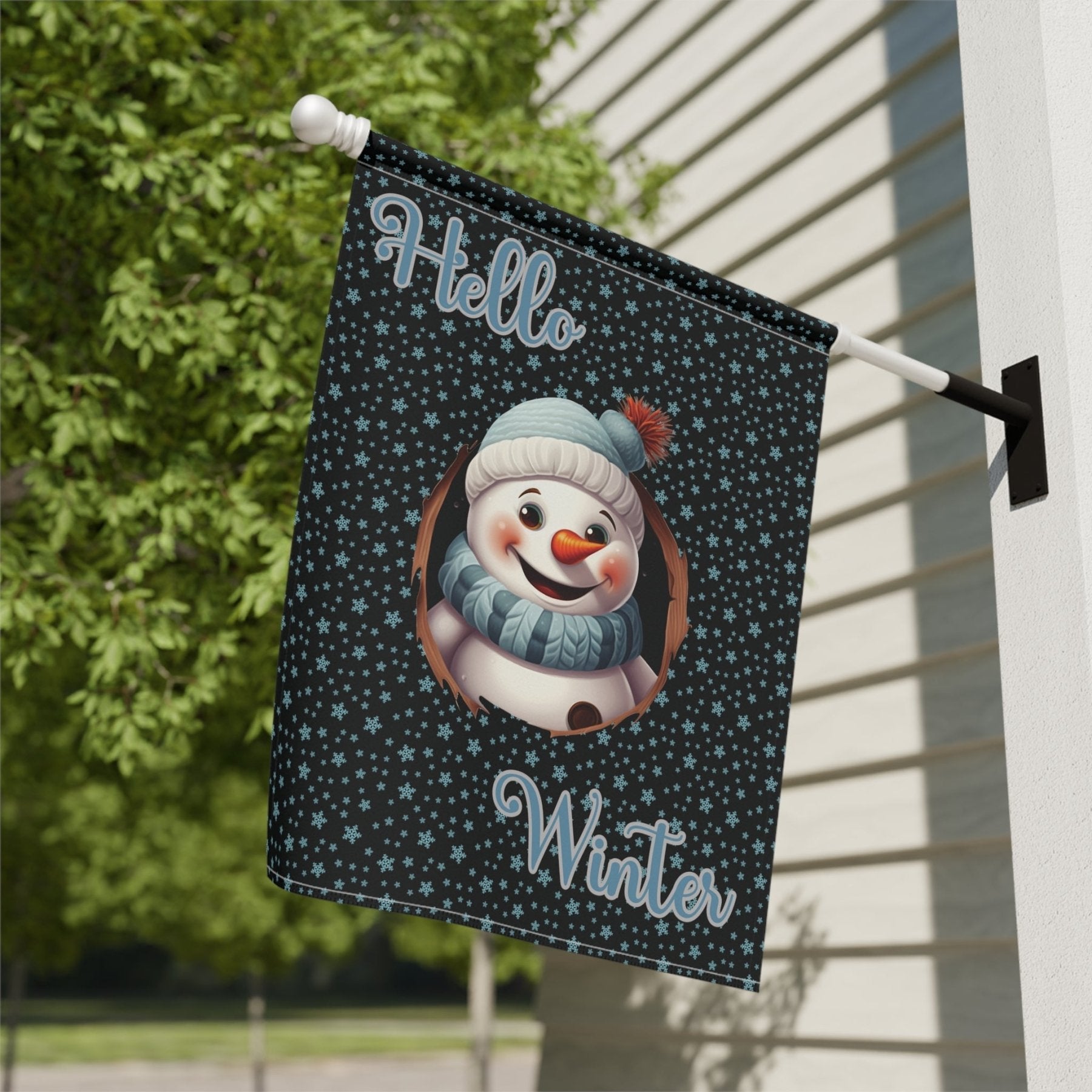 Garden Flag, Lawn Flag, House Flag, Home Flag, Winter Flag, Hello Winter, Black, Snowman 2 - Janlyn's Crafts