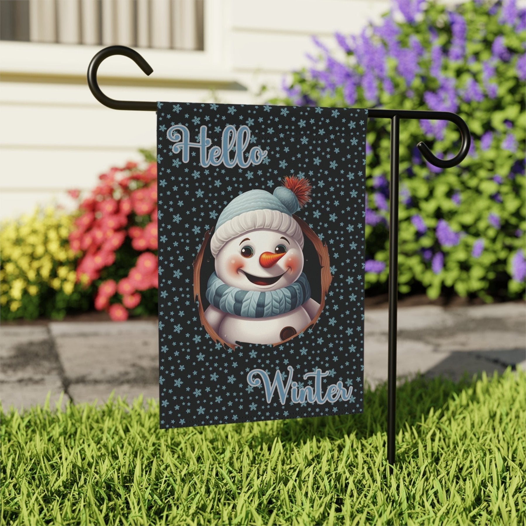 Garden Flag, Lawn Flag, House Flag, Home Flag, Winter Flag, Hello Winter, Black, Snowman 2 - Janlyn's Crafts