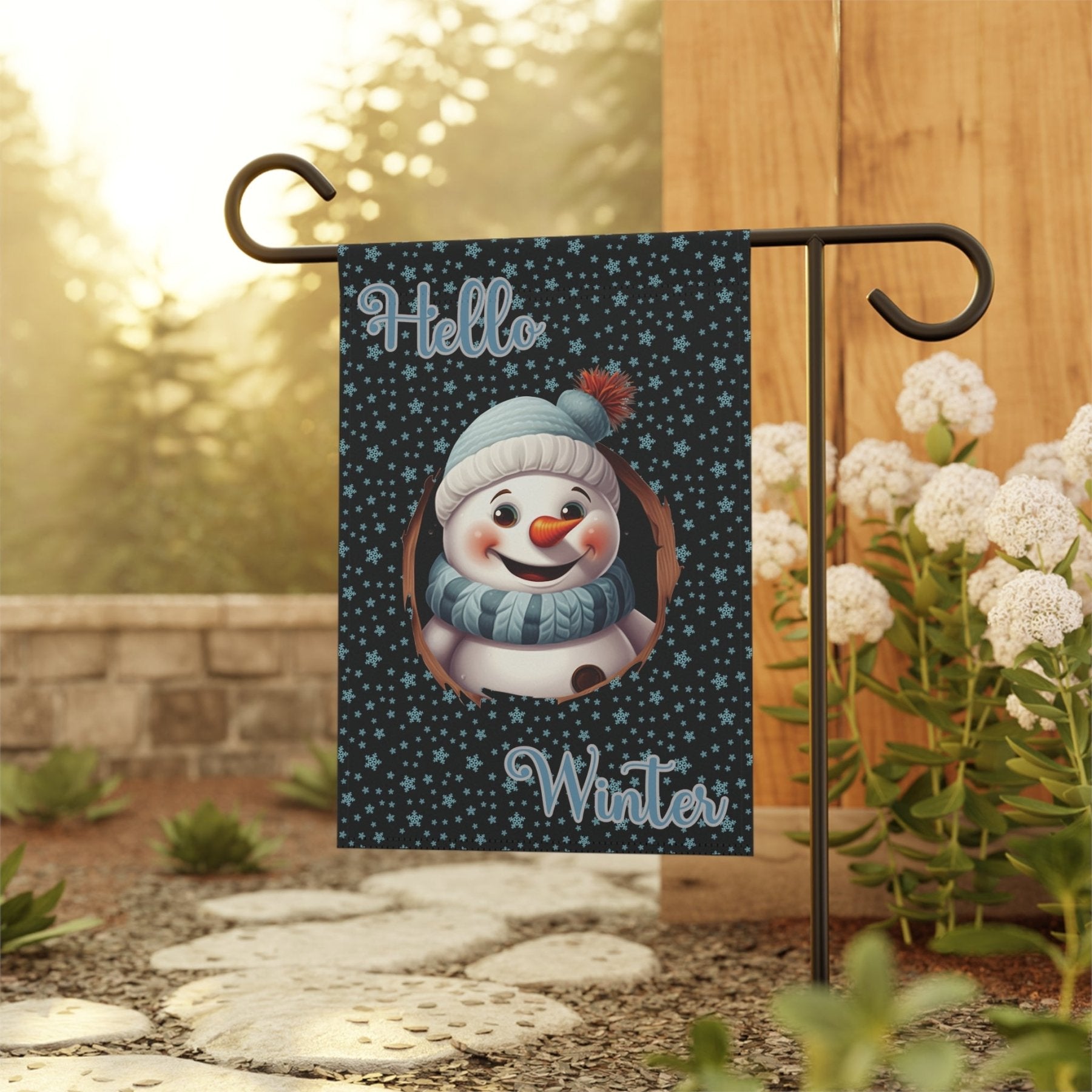 Garden Flag, Lawn Flag, House Flag, Home Flag, Winter Flag, Hello Winter, Black, Snowman 2 - Janlyn's Crafts