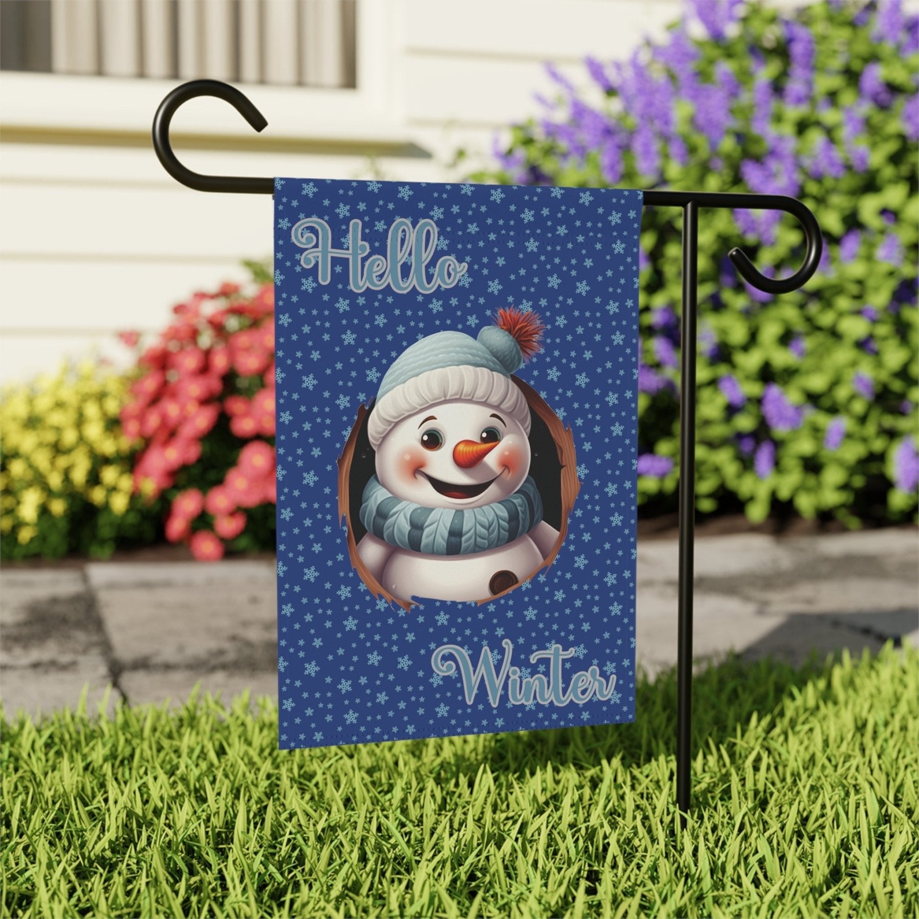 Garden Flag, Lawn Flag, House Flag, Home Flag, Winter Flag, Hello Winter, Dark Blue, Snowman 2 - Janlyn's Crafts