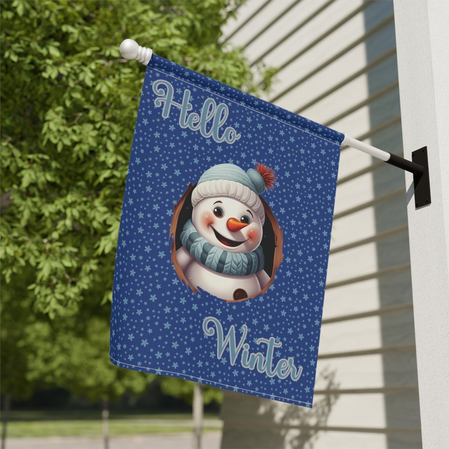 Garden Flag, Lawn Flag, House Flag, Home Flag, Winter Flag, Hello Winter, Dark Blue, Snowman 2 - Janlyn's Crafts