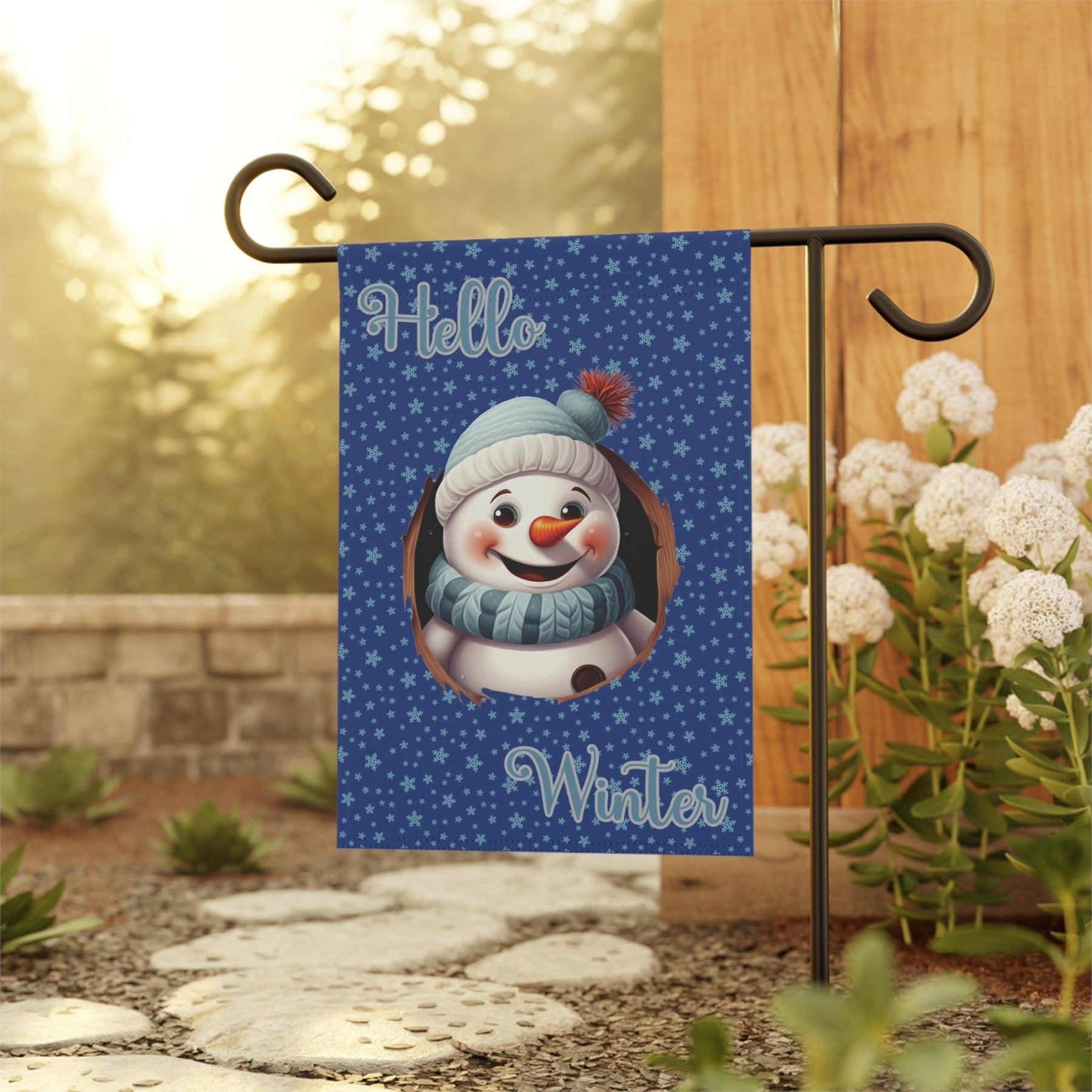 Garden Flag, Lawn Flag, House Flag, Home Flag, Winter Flag, Hello Winter, Dark Blue, Snowman 2 - Janlyn's Crafts