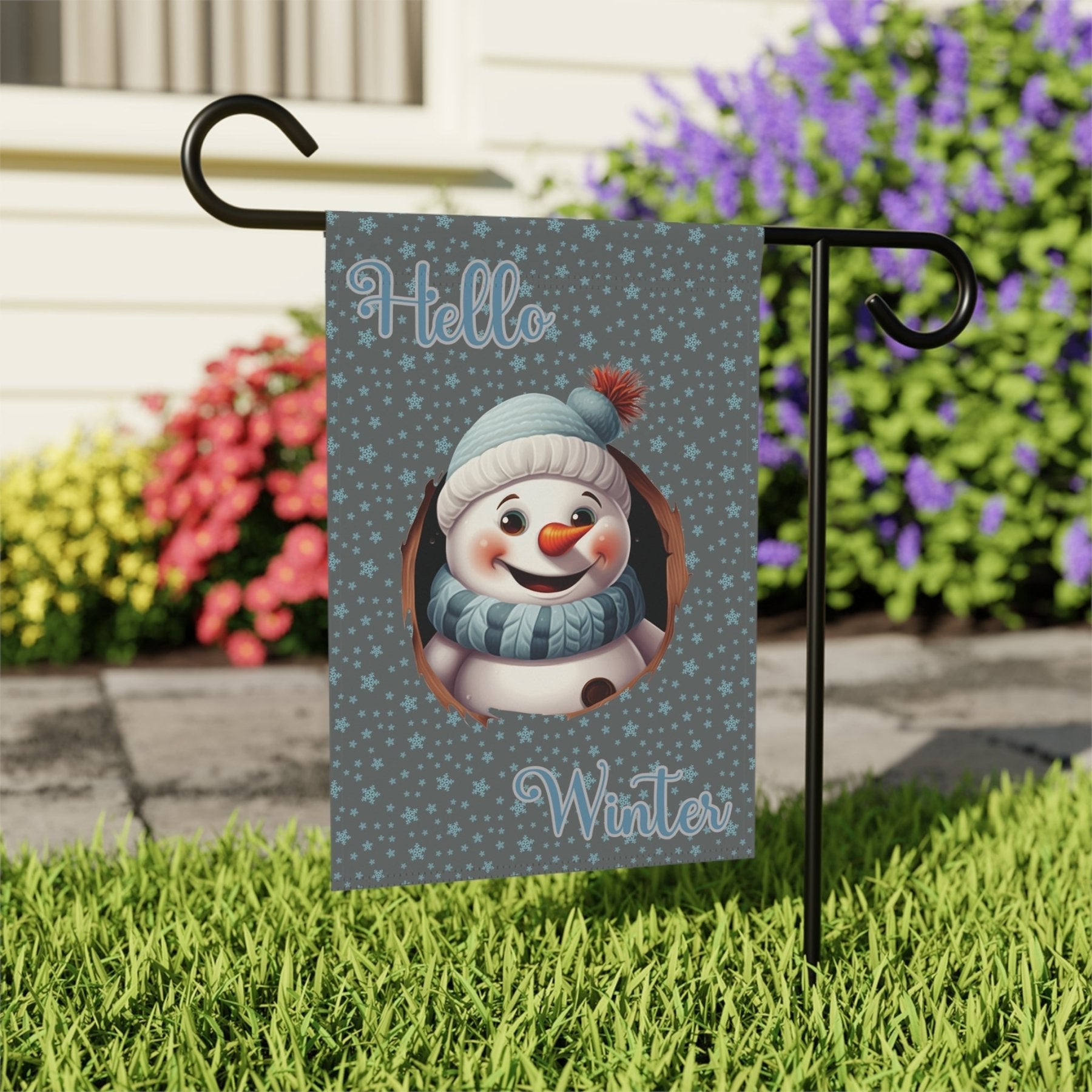 Garden Flag, Lawn Flag, House Flag, Home Flag, Winter Flag, Hello Winter, Dark Gray, Snowman 2 - Janlyn's Crafts