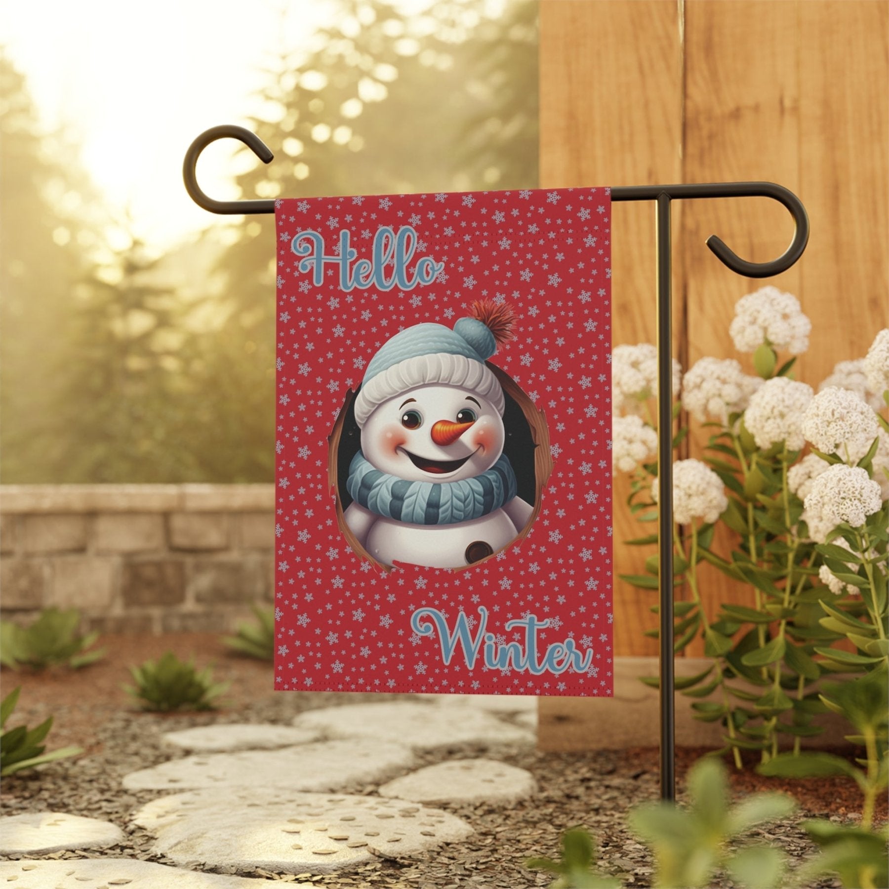 Garden Flag, Lawn Flag, House Flag, Home Flag, Winter Flag, Hello Winter, Dark Red, Snowman 2 - Janlyn's Crafts