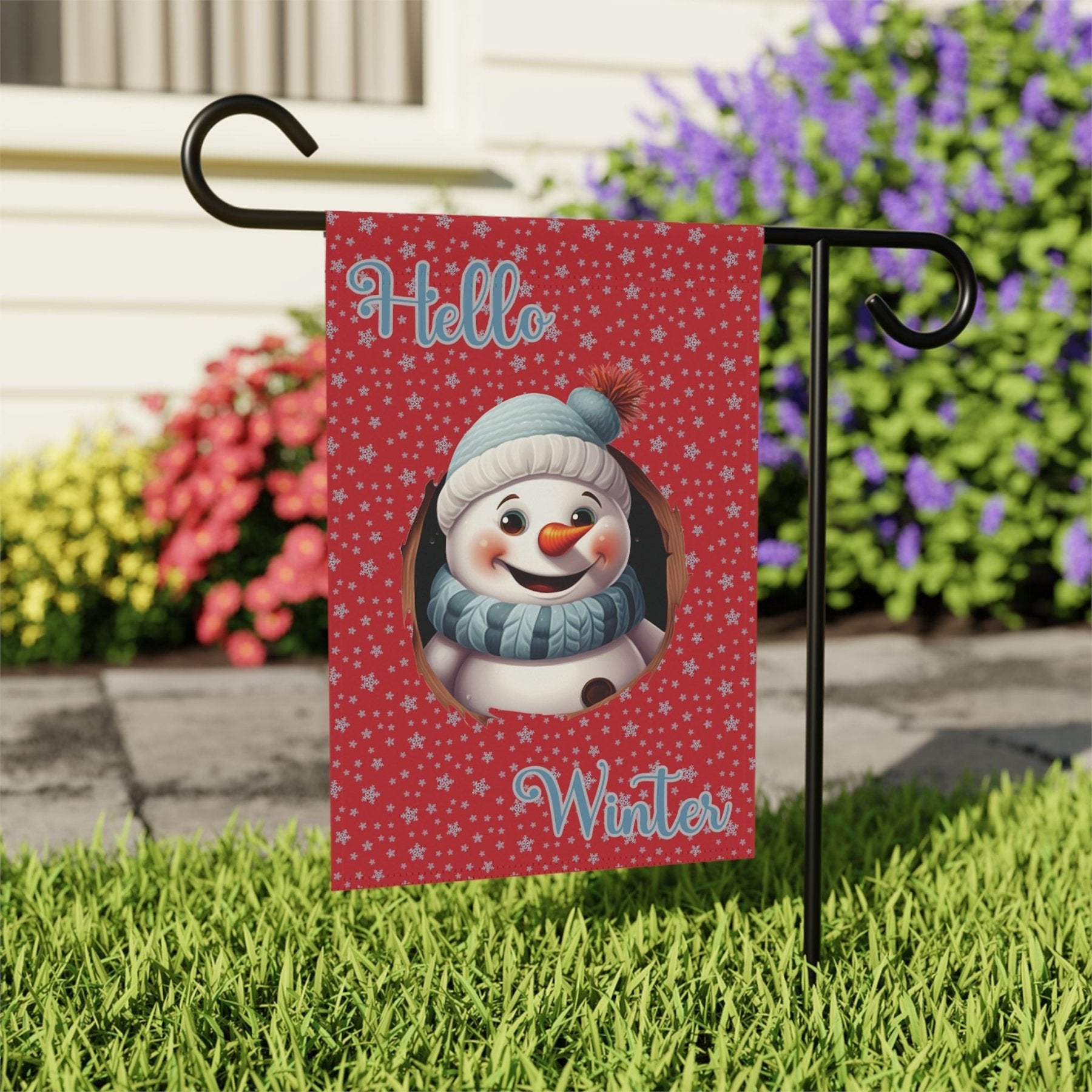 Garden Flag, Lawn Flag, House Flag, Home Flag, Winter Flag, Hello Winter, Dark Red, Snowman 2 - Janlyn's Crafts