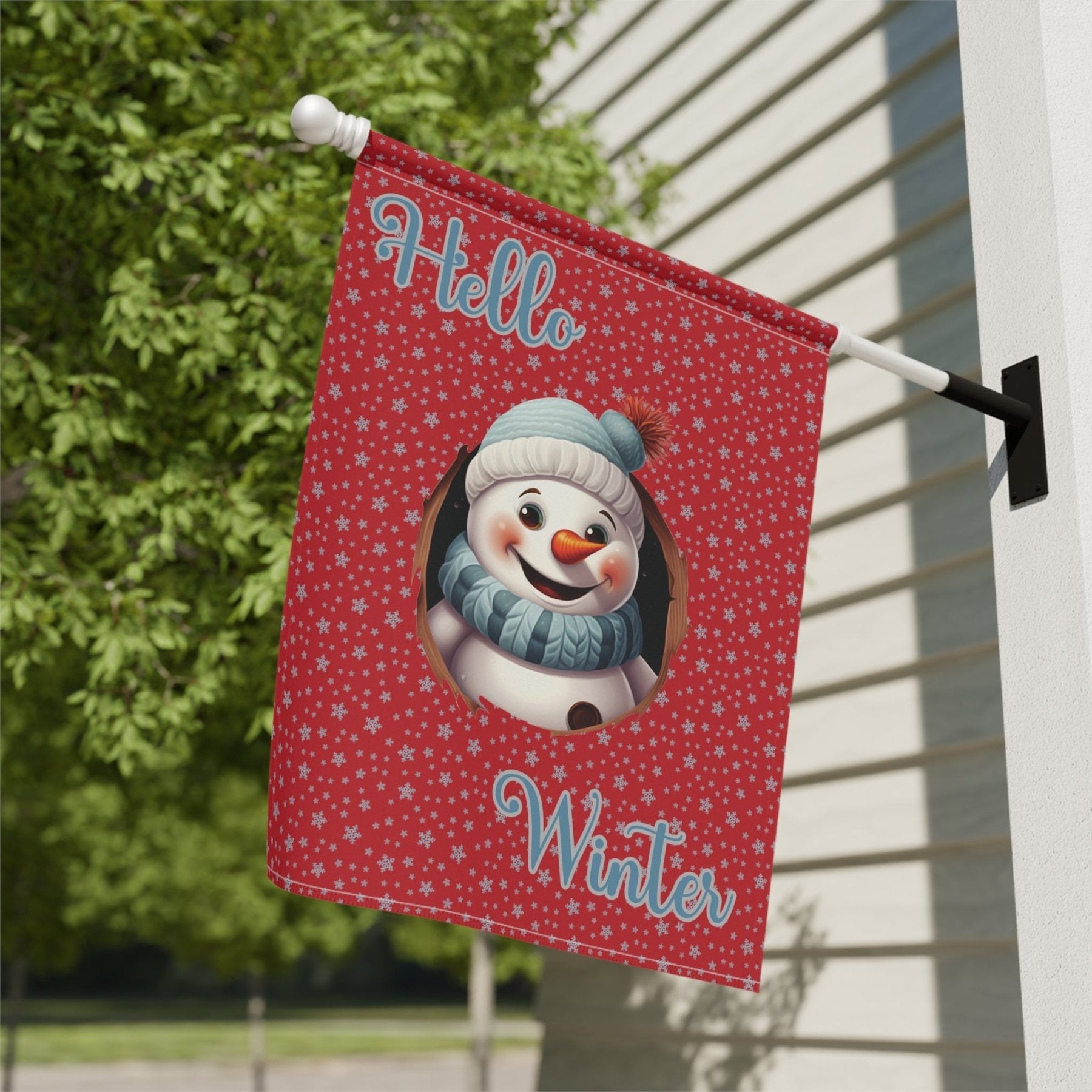 Garden Flag, Lawn Flag, House Flag, Home Flag, Winter Flag, Hello Winter, Dark Red, Snowman 2 - Janlyn's Crafts