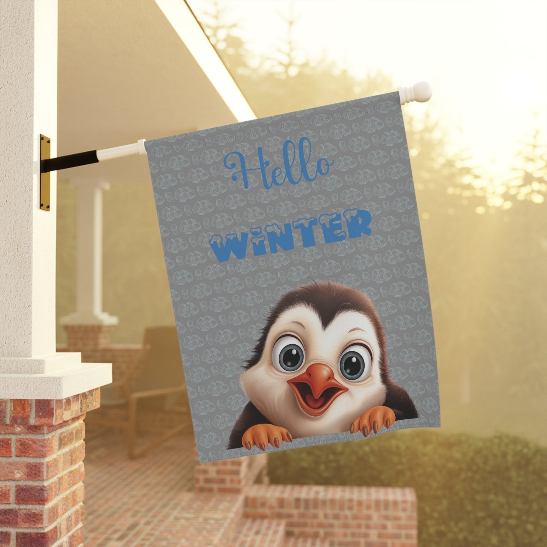 Garden Flag, Lawn Flag, House Flag, Home Flag, Winter Flag, Hello Winter, Gray, Penguin - Janlyn's Crafts