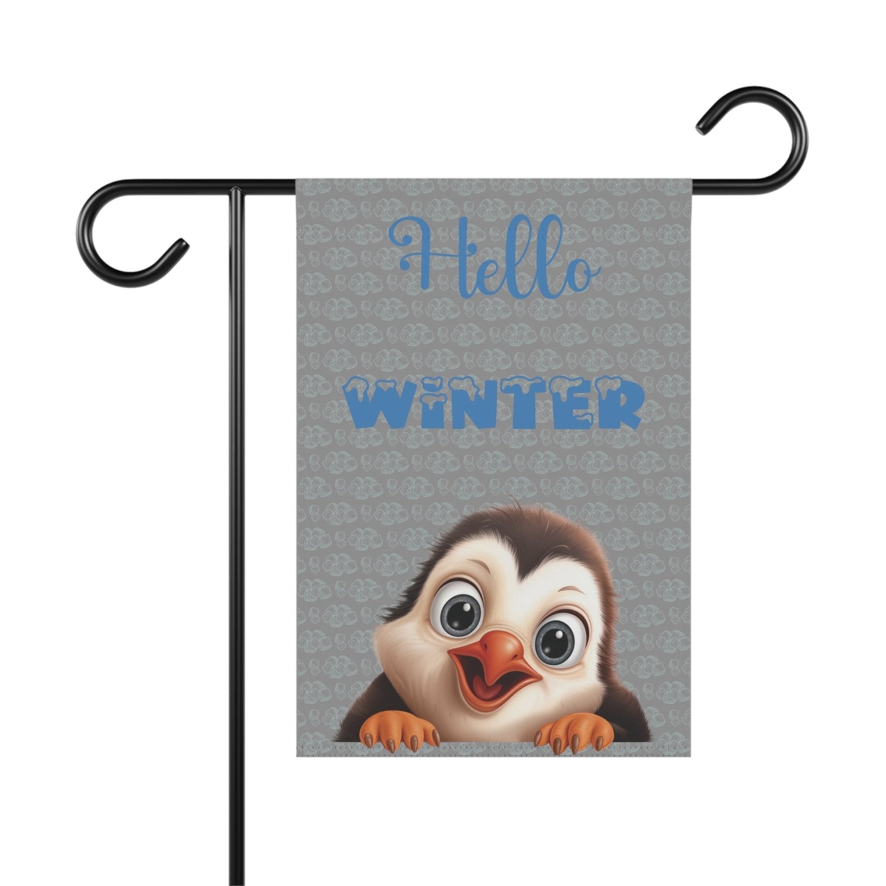 Garden Flag, Lawn Flag, House Flag, Home Flag, Winter Flag, Hello Winter, Gray, Penguin - Janlyn's Crafts