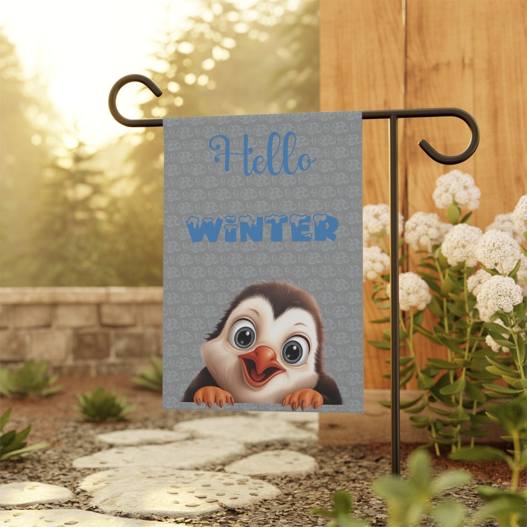 Garden Flag, Lawn Flag, House Flag, Home Flag, Winter Flag, Hello Winter, Gray, Penguin - Janlyn's Crafts