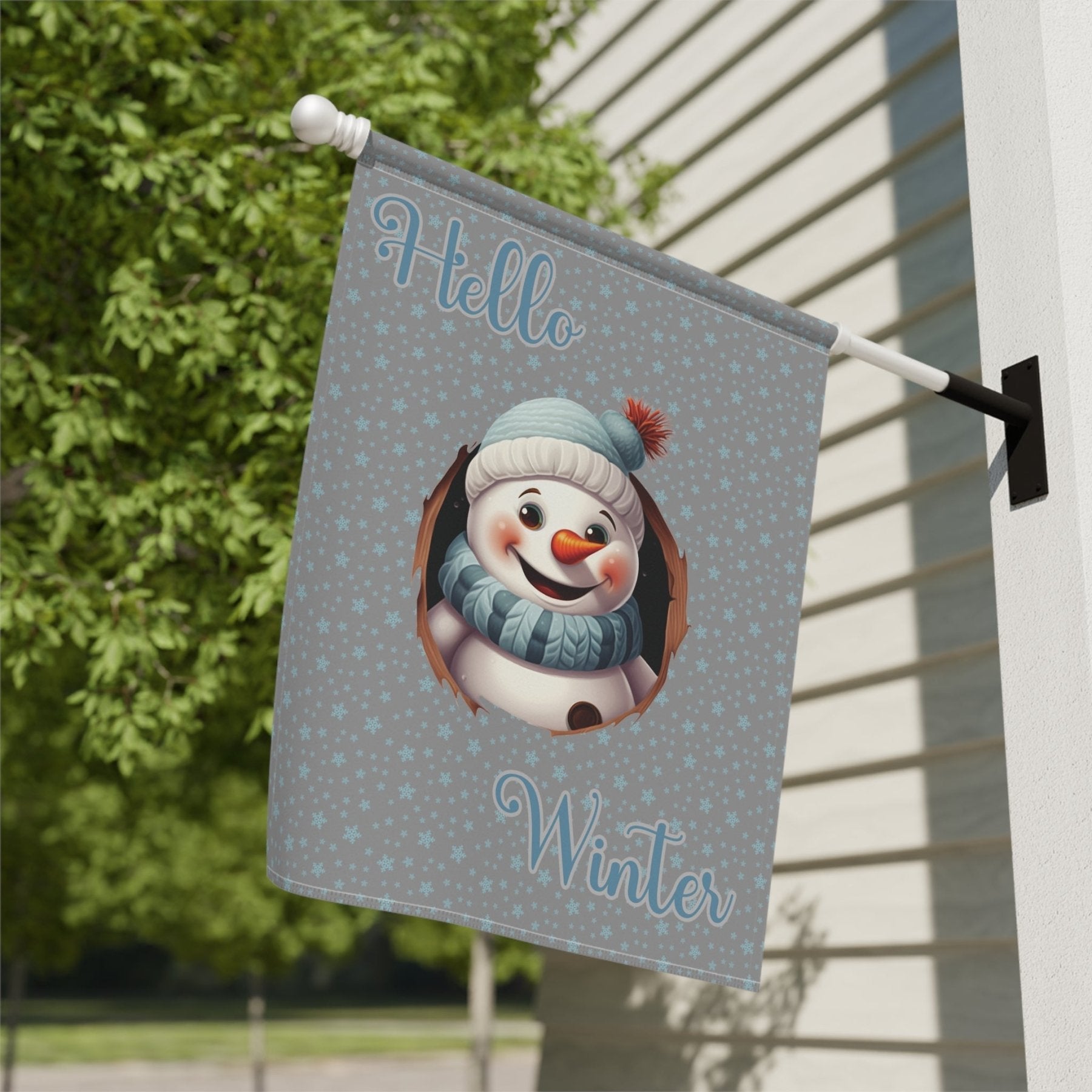 Garden Flag, Lawn Flag, House Flag, Home Flag, Winter Flag, Hello Winter, Gray, Snowman 2 - Janlyn's Crafts