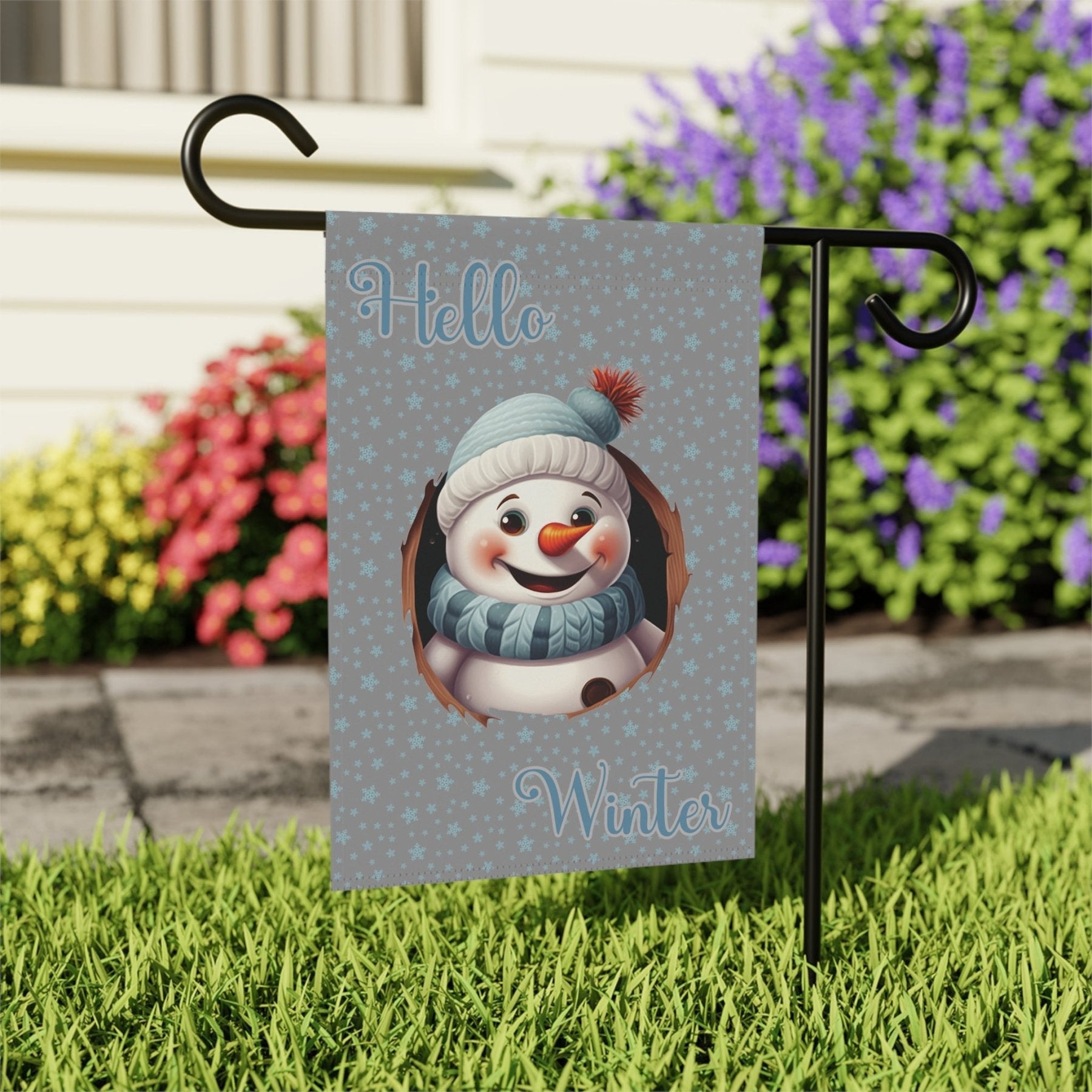 Garden Flag, Lawn Flag, House Flag, Home Flag, Winter Flag, Hello Winter, Gray, Snowman 2 - Janlyn's Crafts