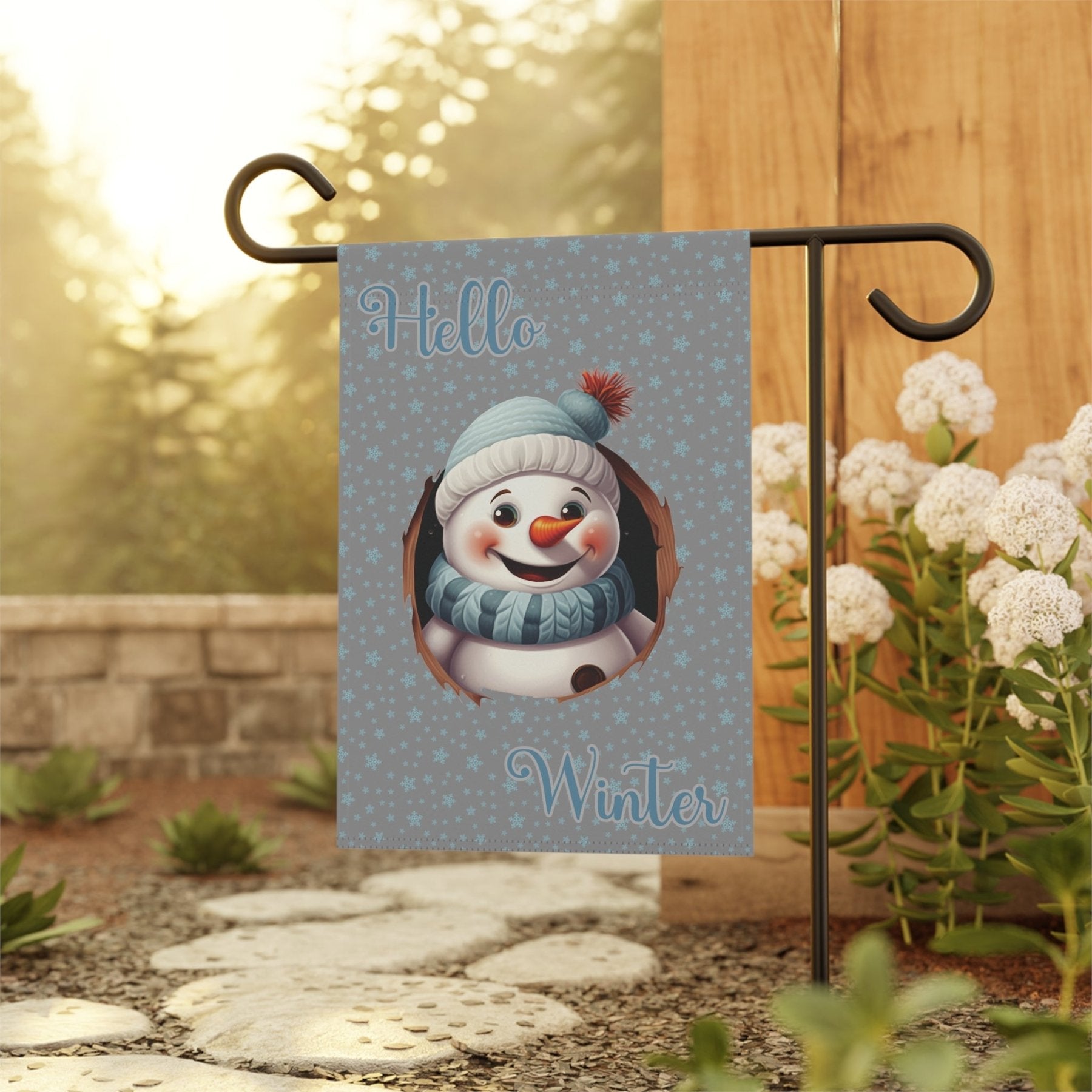 Garden Flag, Lawn Flag, House Flag, Home Flag, Winter Flag, Hello Winter, Gray, Snowman 2 - Janlyn's Crafts