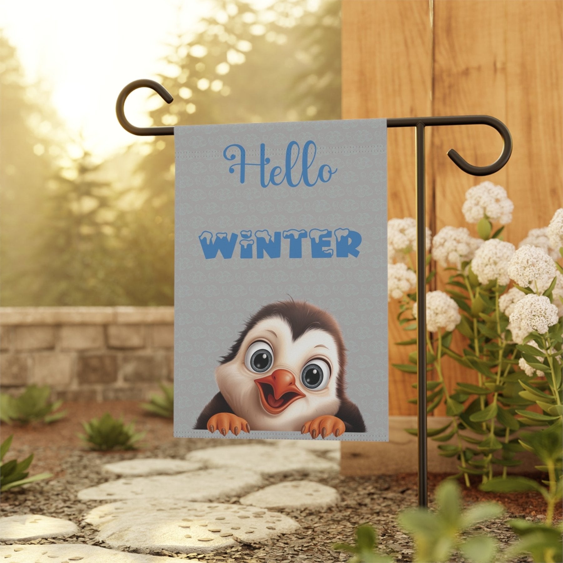 Garden Flag, Lawn Flag, House Flag, Home Flag, Winter Flag, Hello Winter, Light Gray, Penguin - Janlyn's Crafts