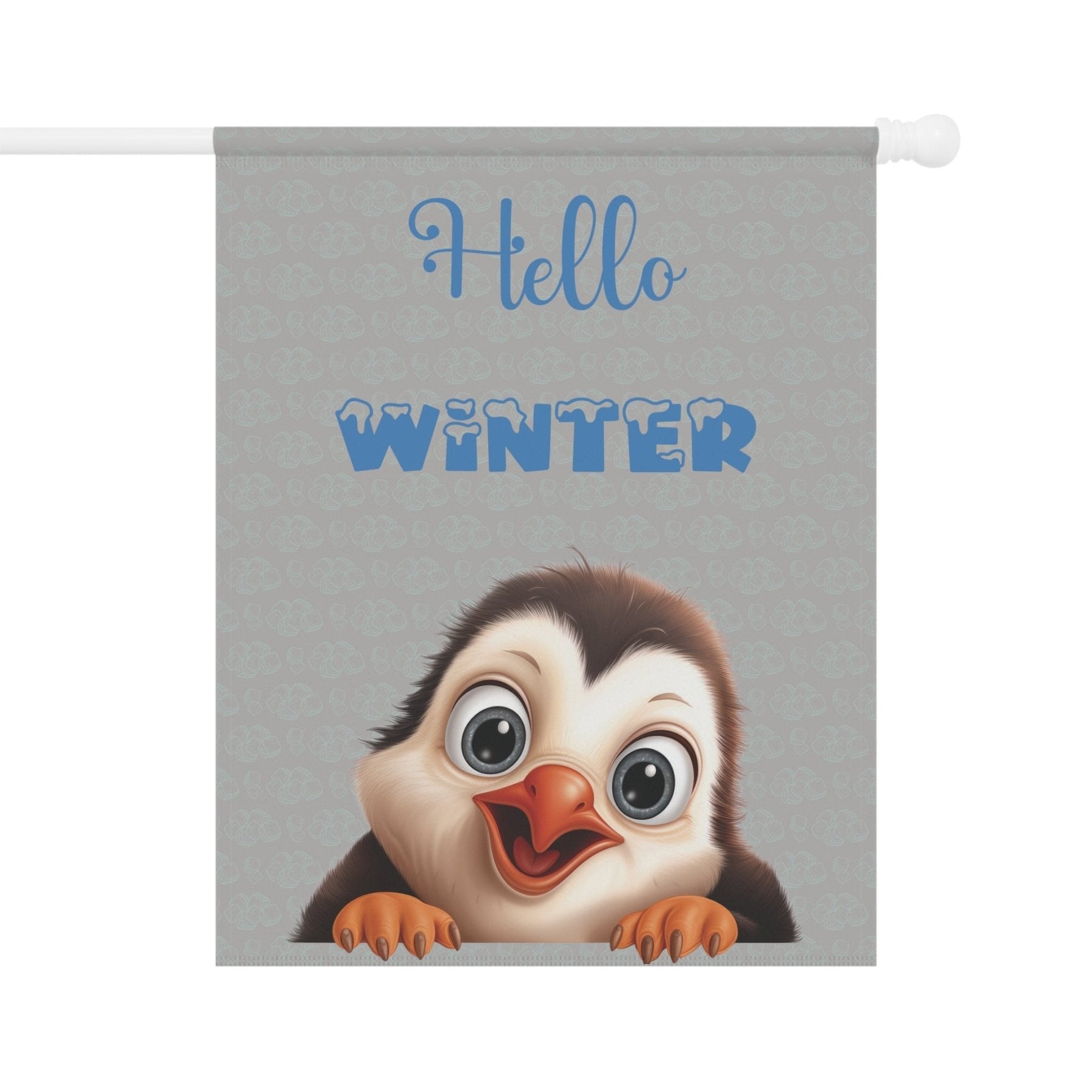 Garden Flag, Lawn Flag, House Flag, Home Flag, Winter Flag, Hello Winter, Light Gray, Penguin - Janlyn's Crafts