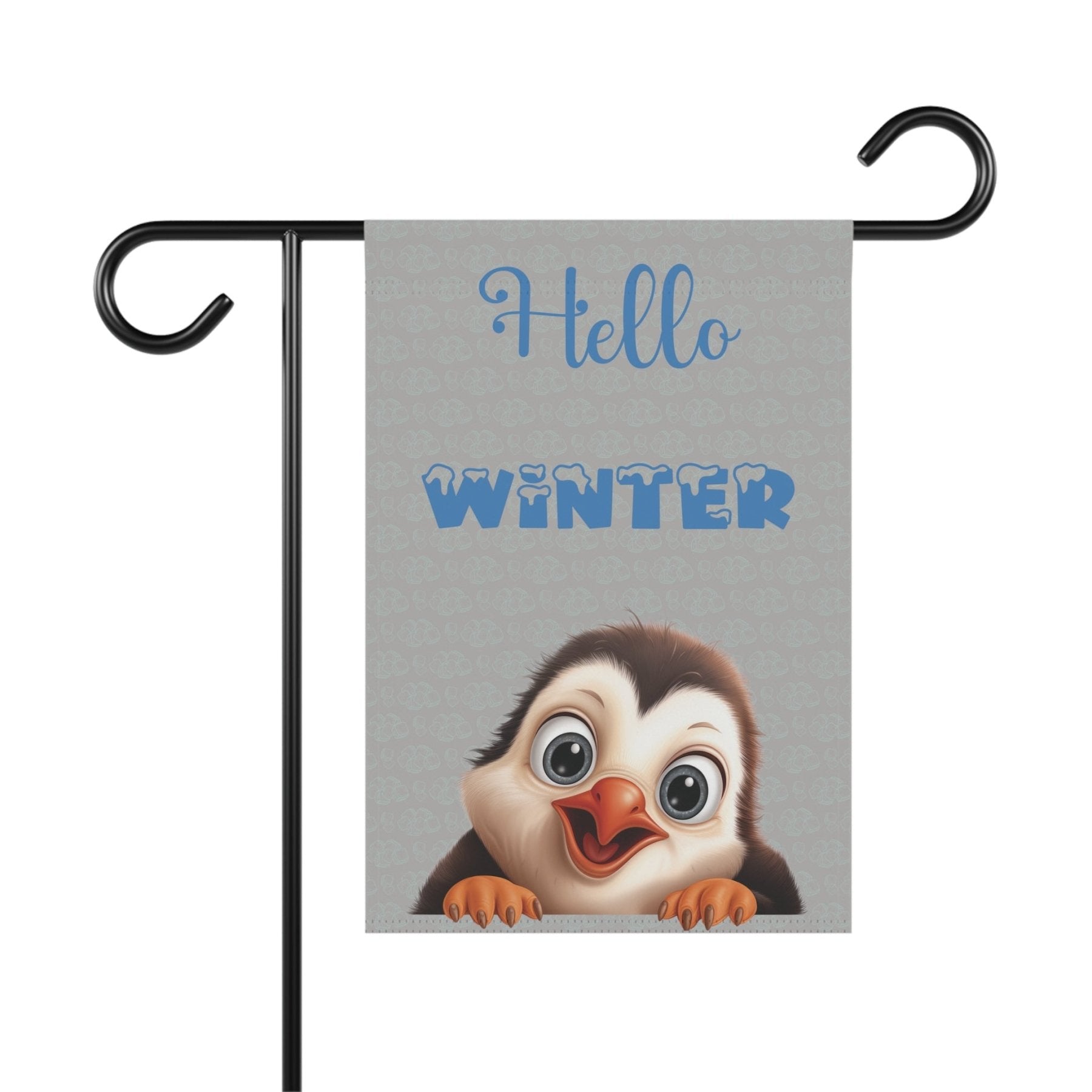 Garden Flag, Lawn Flag, House Flag, Home Flag, Winter Flag, Hello Winter, Light Gray, Penguin - Janlyn's Crafts