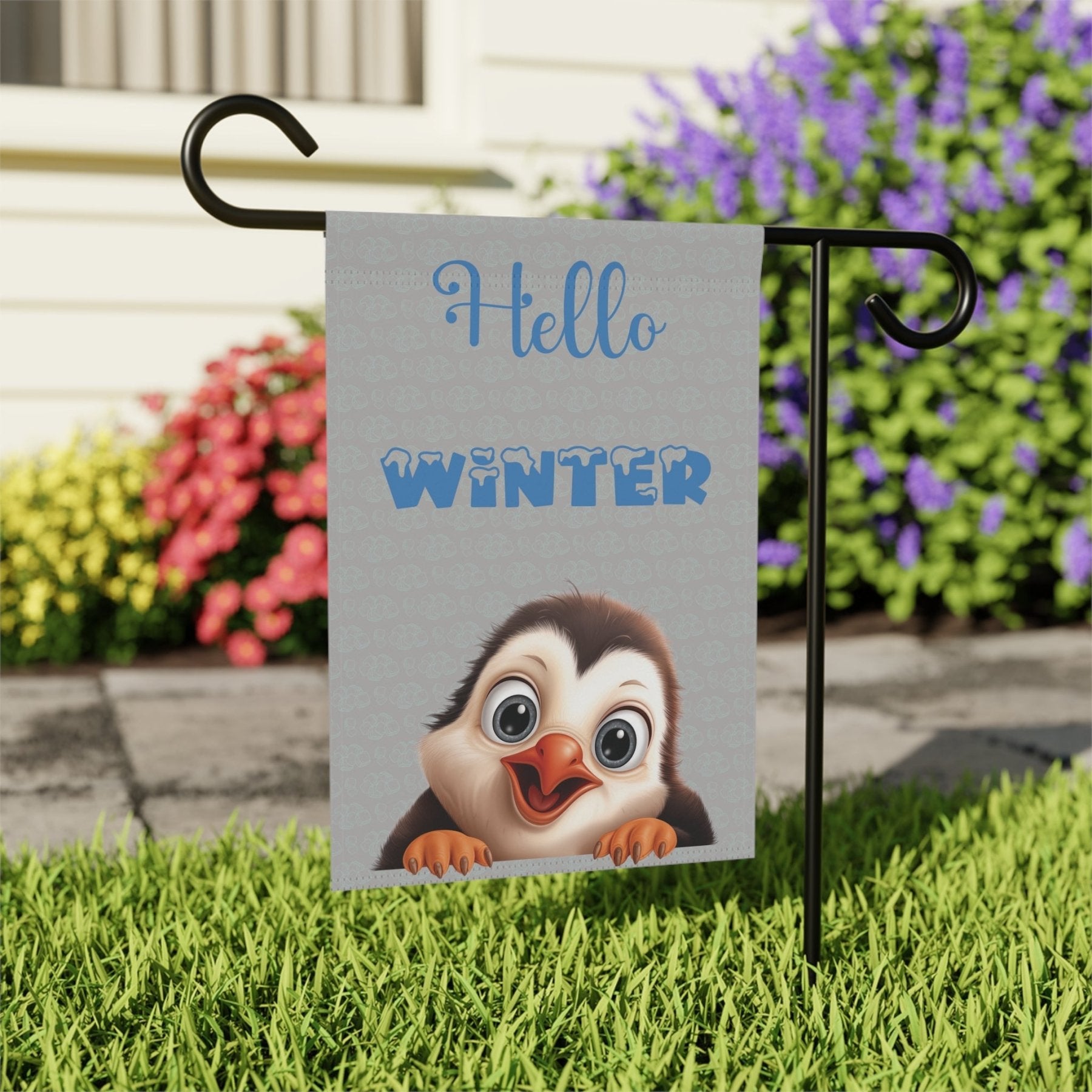 Garden Flag, Lawn Flag, House Flag, Home Flag, Winter Flag, Hello Winter, Light Gray, Penguin - Janlyn's Crafts