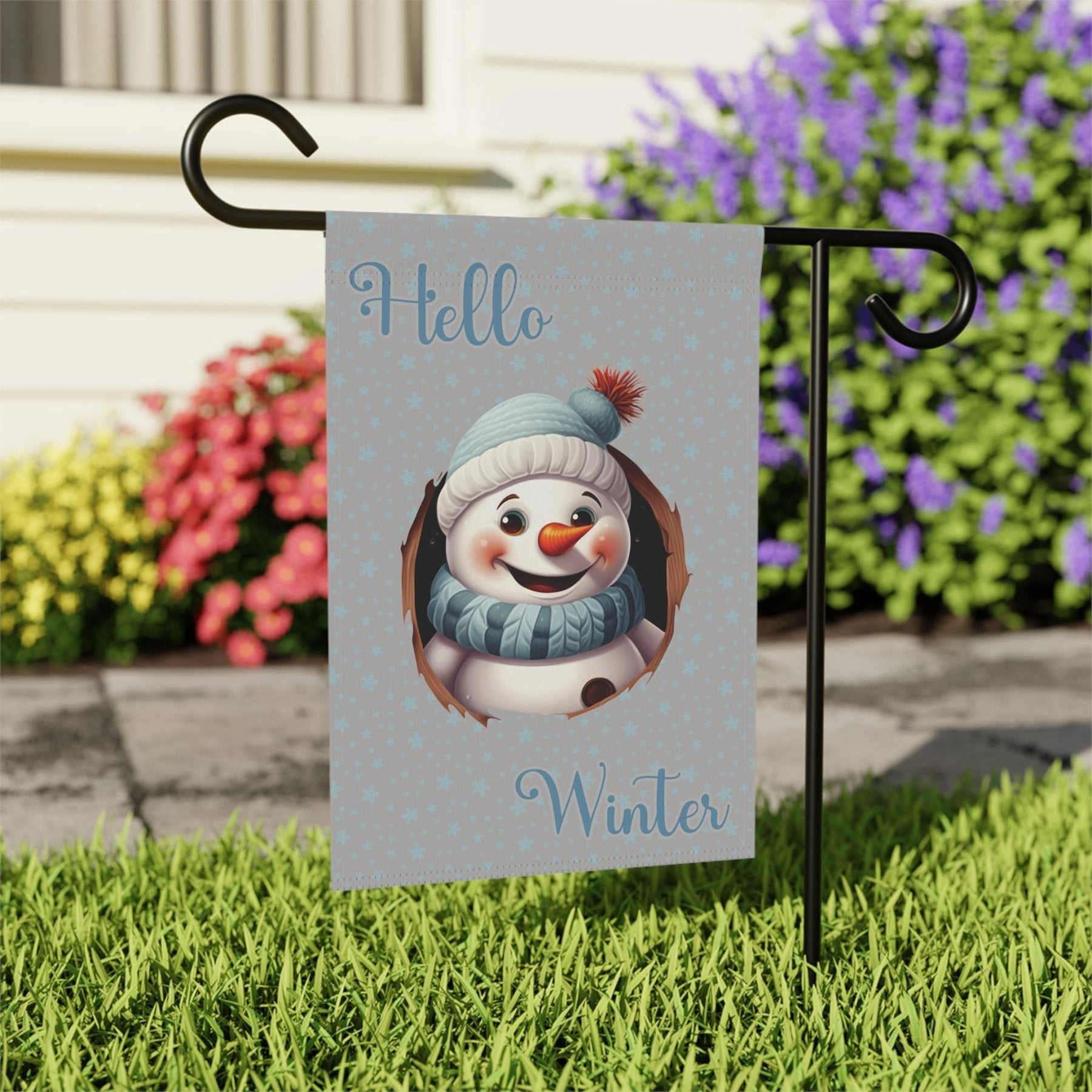 Garden Flag, Lawn Flag, House Flag, Home Flag, Winter Flag, Hello Winter, Light Gray, Snowman 2 - Janlyn's Crafts