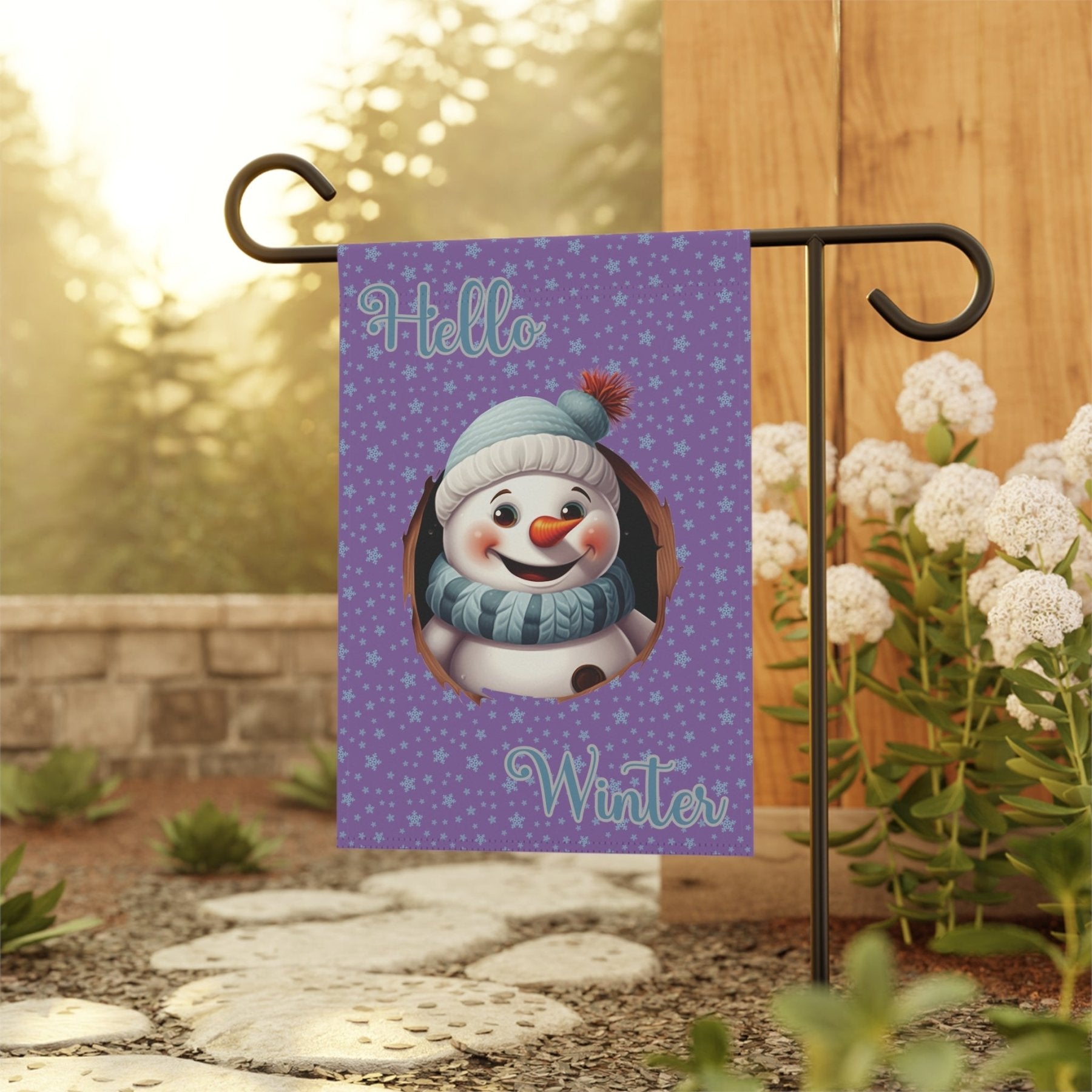 Garden Flag, Lawn Flag, House Flag, Home Flag, Winter Flag, Hello Winter, Light Purple, Snowman 2 - Janlyn's Crafts