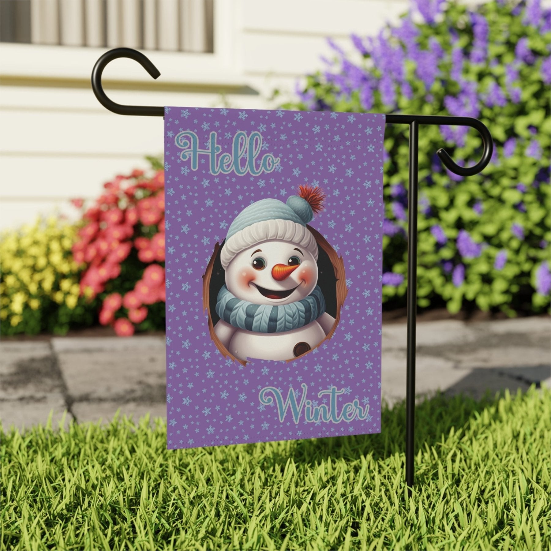 Garden Flag, Lawn Flag, House Flag, Home Flag, Winter Flag, Hello Winter, Light Purple, Snowman 2 - Janlyn's Crafts