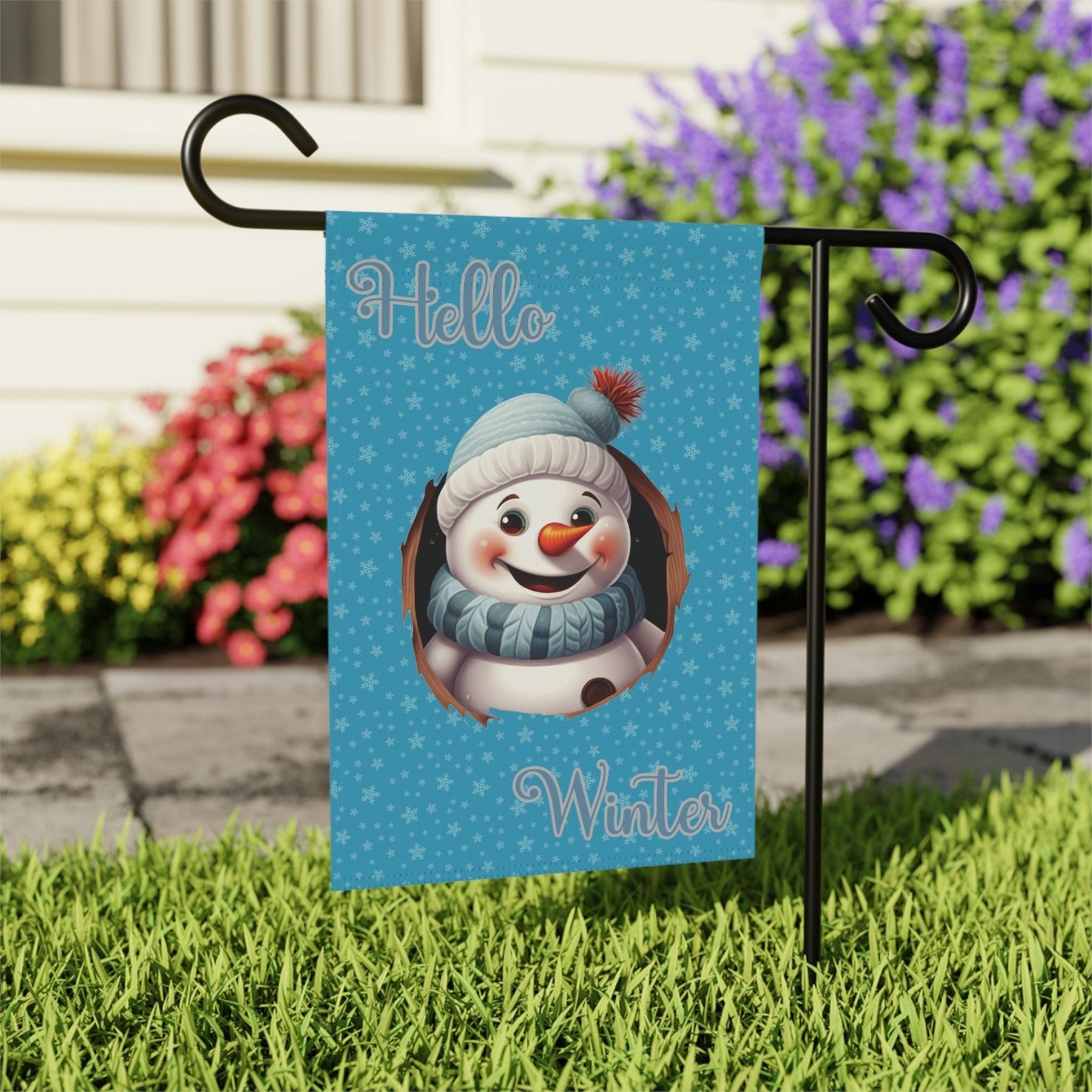 Garden Flag, Lawn Flag, House Flag, Home Flag, Winter Flag, Hello Winter, Turquoise, Snowman 2 - Janlyn's Crafts